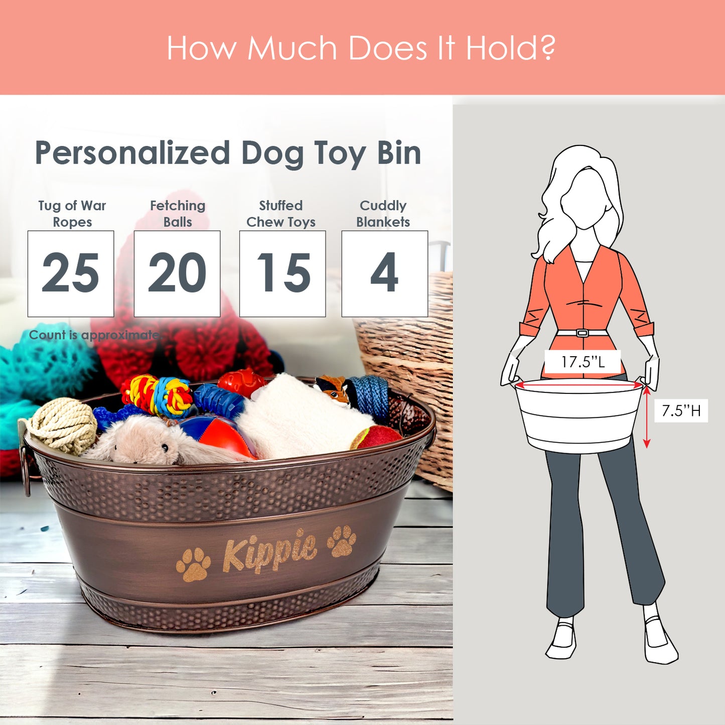 Medium dog toy box holds many chew toys, ropes, or balls. Long lasting galvanized metal.