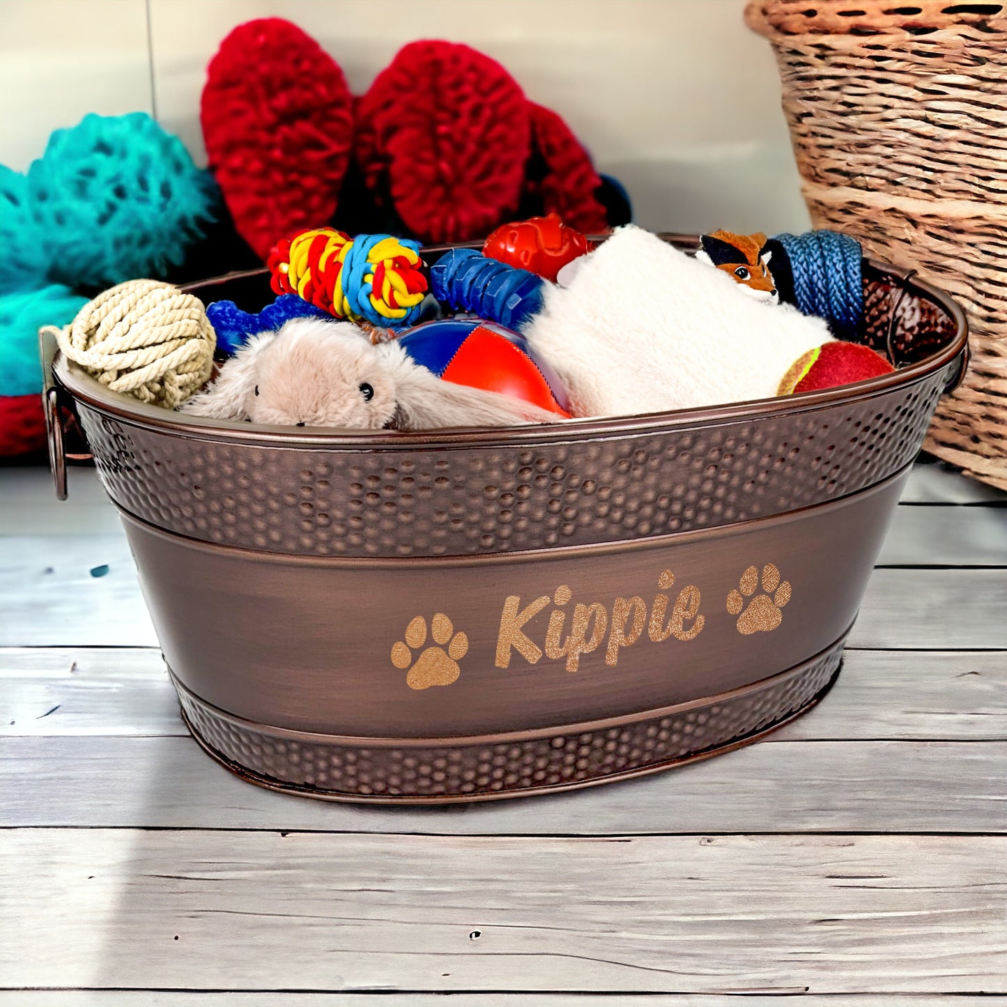 Medium durable chew proof personalized dog toy bin or storage. Pawprints or bone designs Coper Finish