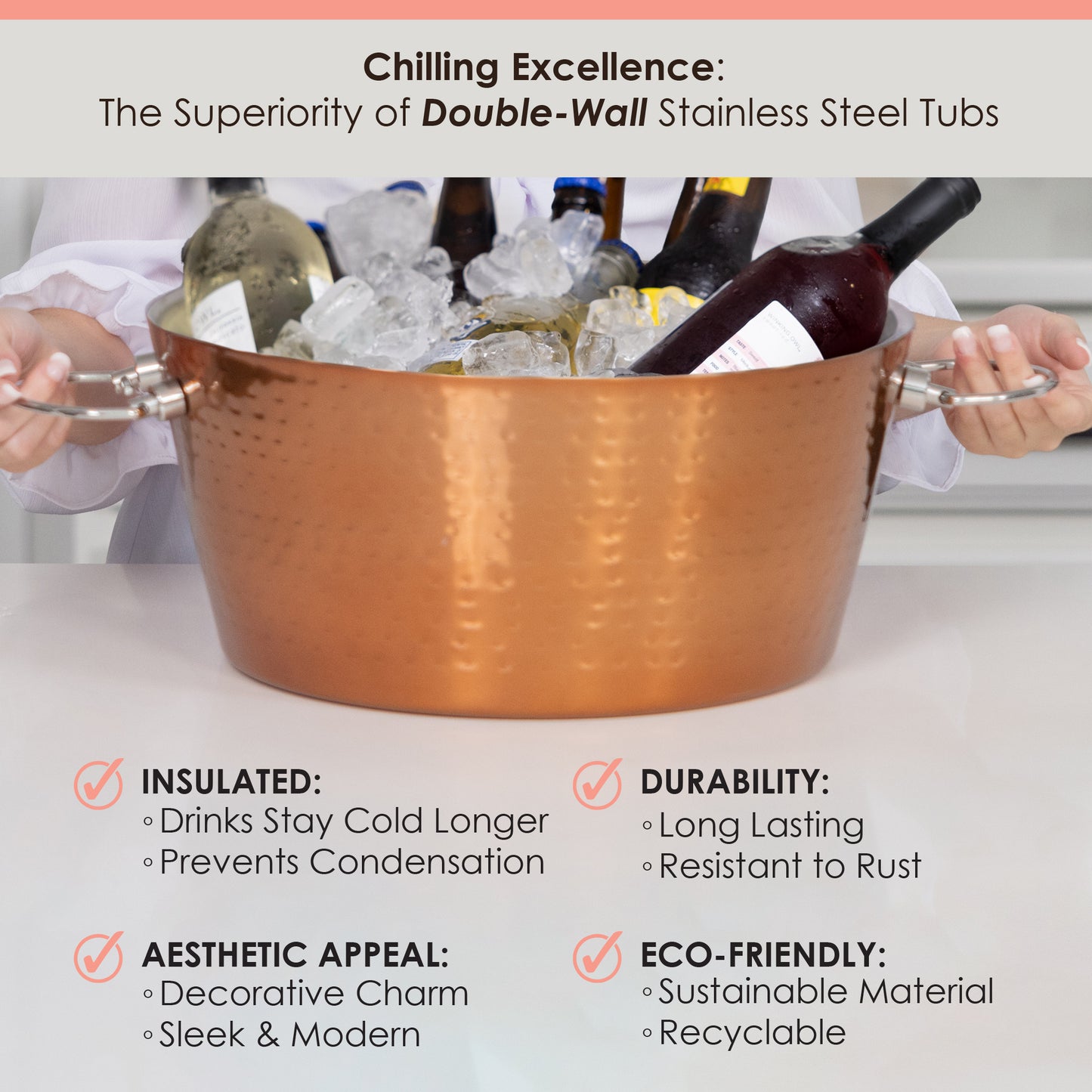 Personalized Insulated Rose Copper Beverage Bucket with Floor Stand - BREKX Hammered Anchored with Stand
