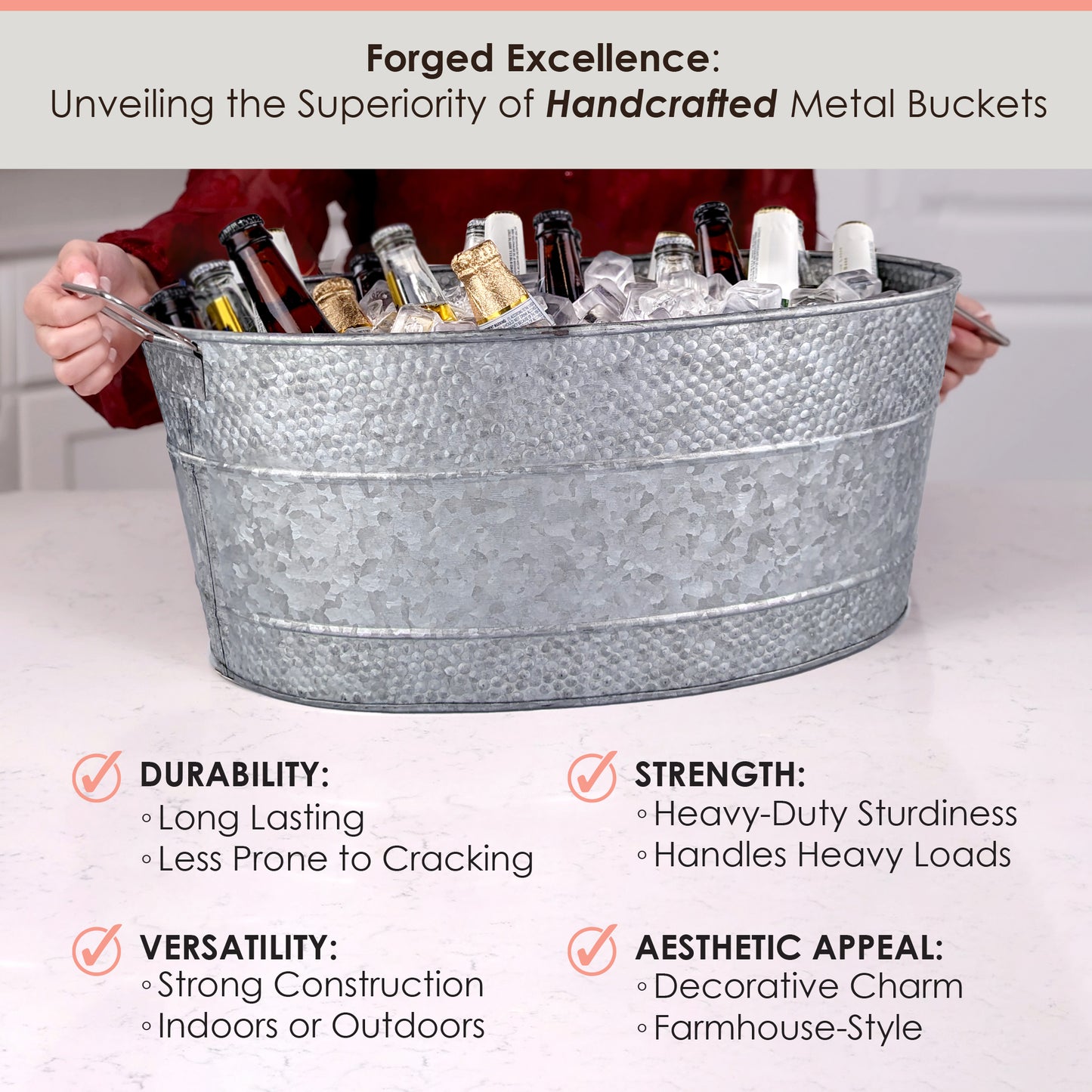 Galvanized beverage tub with strong handles made of heavy duty metal for heavy loads and long durability indoors or outdoors.