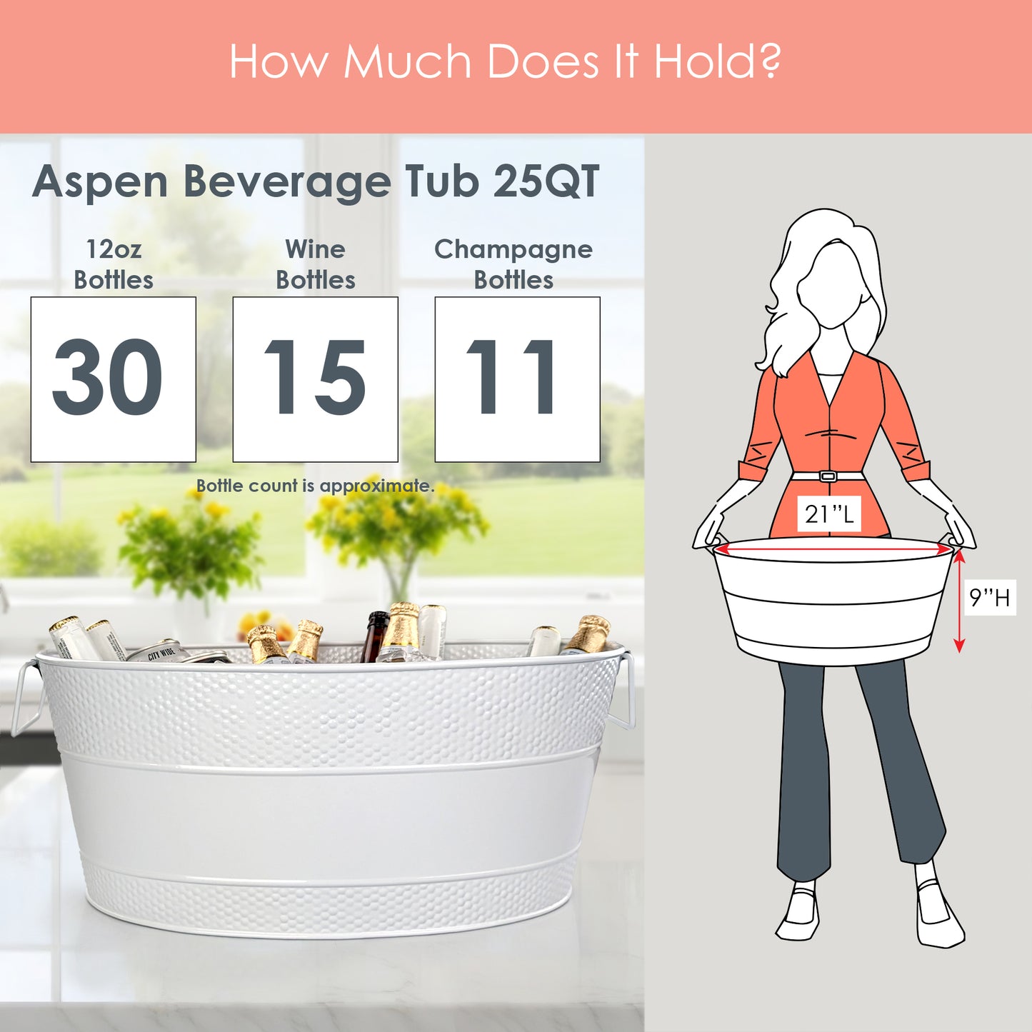 Large beverage tub holds up to 15 wine bottles with ice, 30 beer bottles, or 11 champagne bottles. Large size to chill all of the needed drinks for the party in the kitchen, on the patio, or out at an event space.