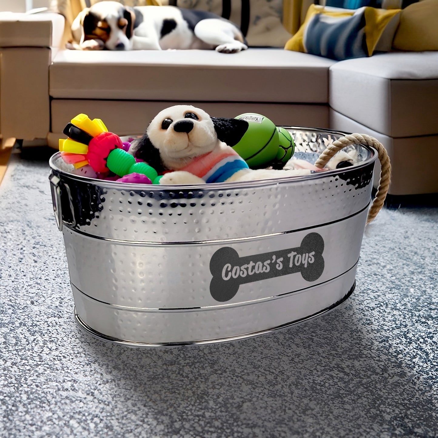 Large dog toy box holds many chew toys, ropes, or balls. Long lasting galvanized metal.