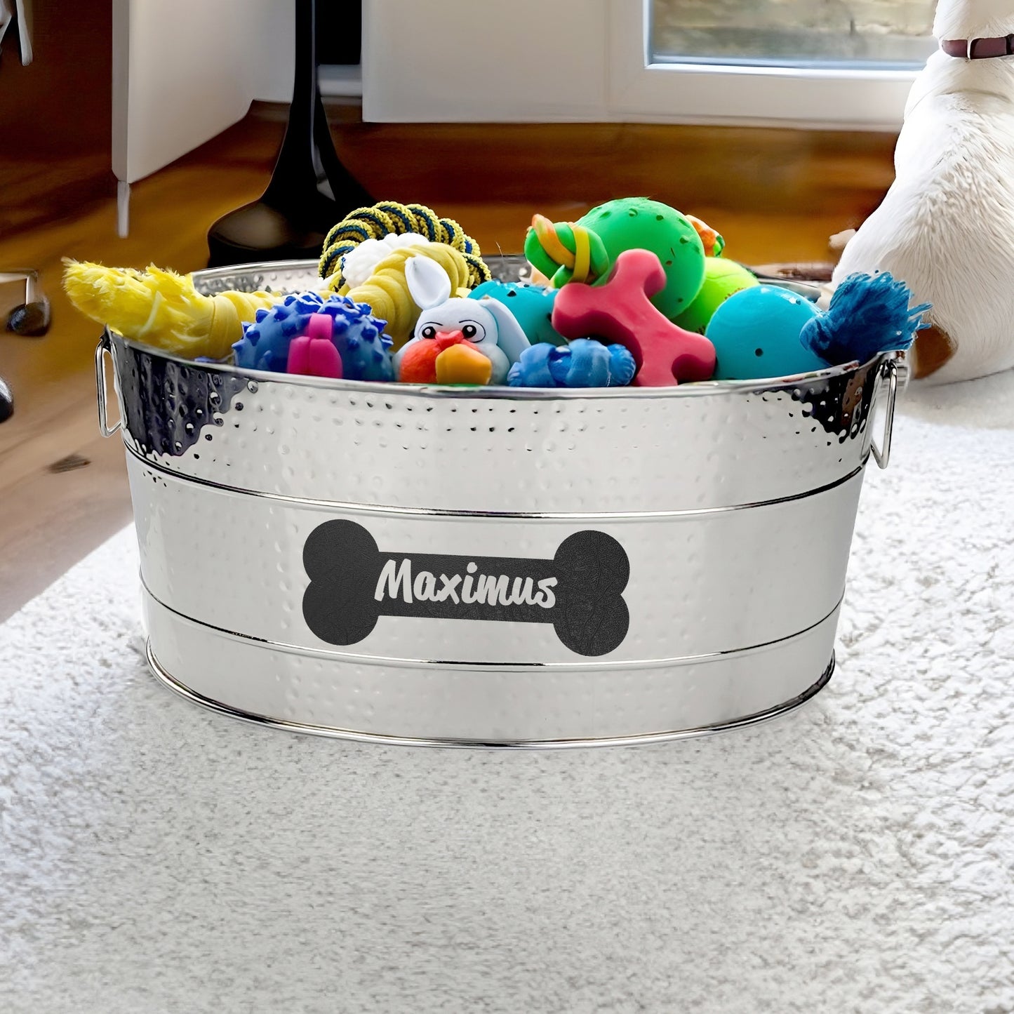 Large durable chew proof personalized dog toy bin or storage. Pawprints or bone designs. stainless steel