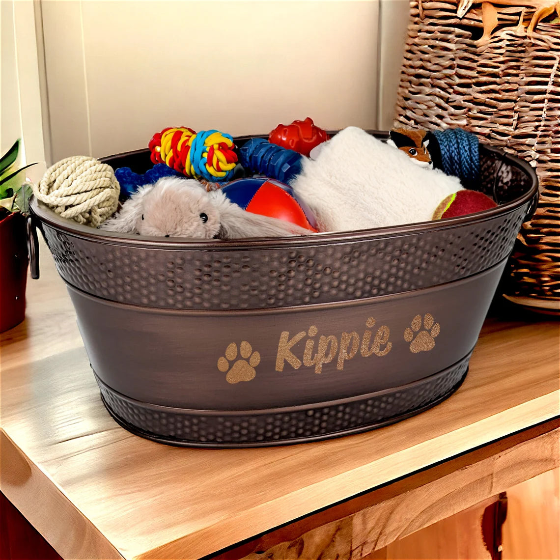 Medium dog toy box holds many chew toys, ropes, or balls. Long lasting galvanized metal.