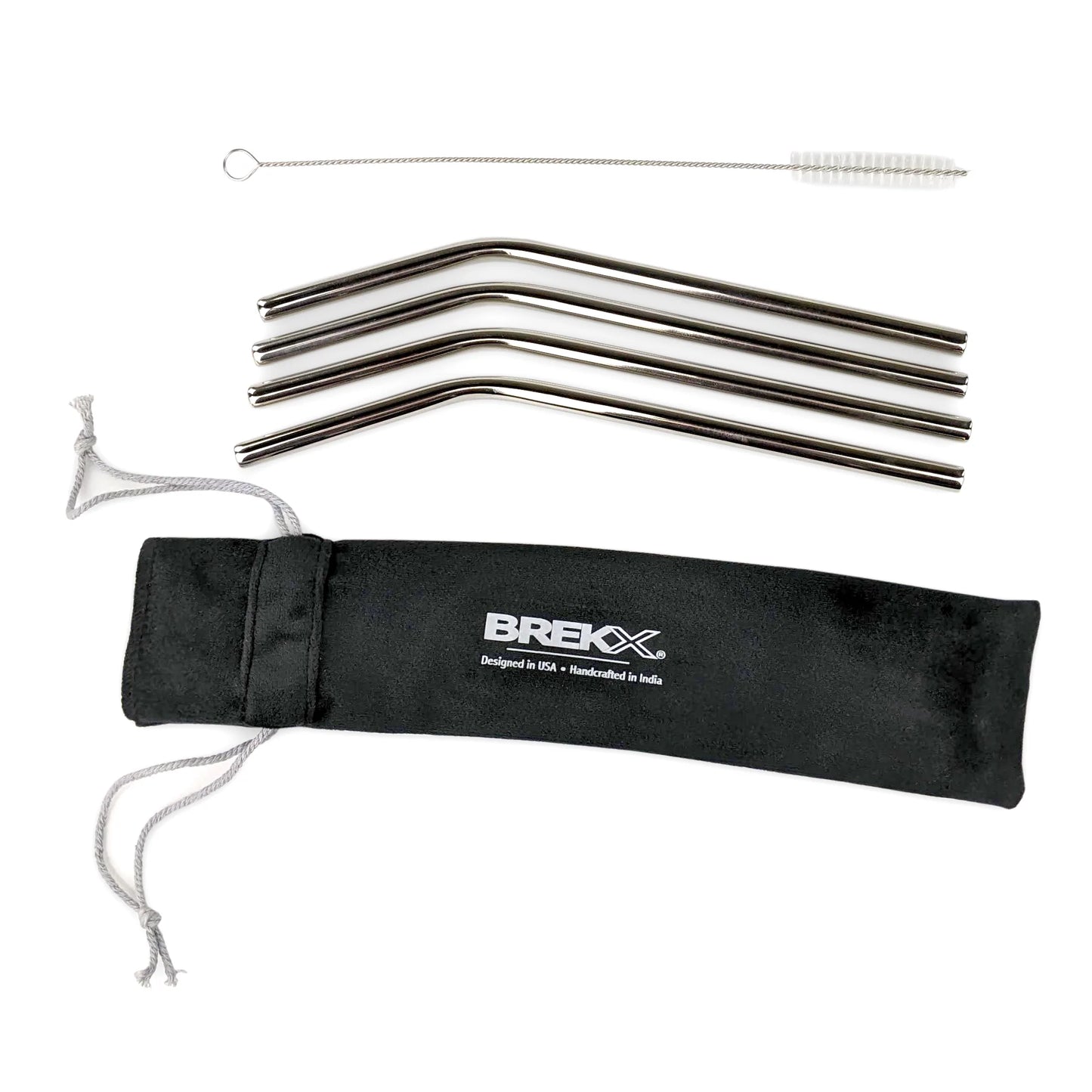 Metal drinking straws made of premium and food safe stainless steel. Includes cleaning brush and fabric storage case to hold the set.