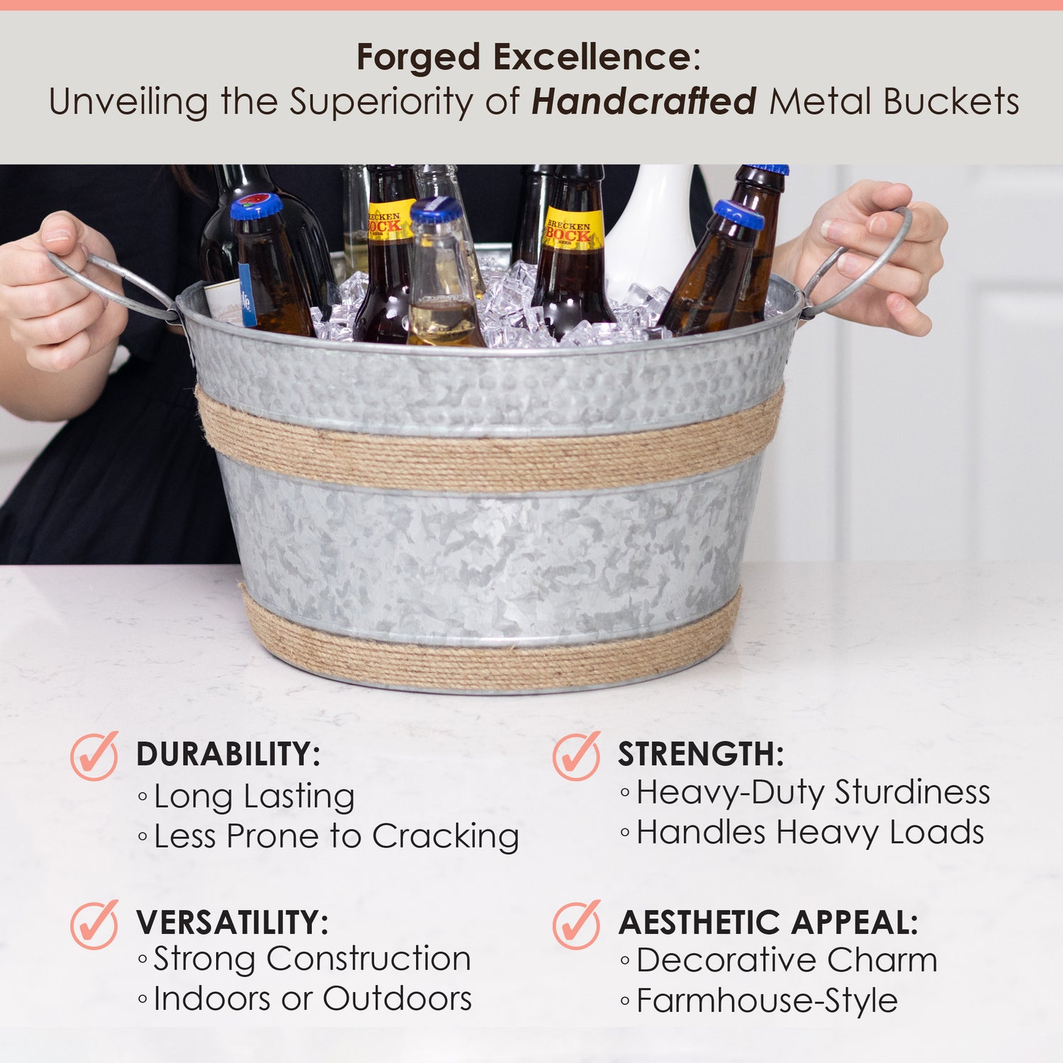 Meet our galvanized large ice bucket – a durable and long-lasting solution for all your chilling needs! Crafted to resist cracking, this bucket offers robust performance and heavy-duty sturdiness, capable of handling substantial loads of ice. Whether used indoors or outdoors, its versatility knows no bounds. Beyond its practicality, the bucket adds a decorative charm with its galvanized finish, making it a stylish accent for any setting. 