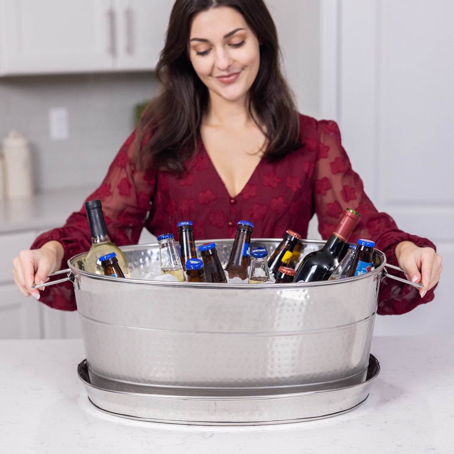 Personalized Large Hammered Stainless Steel Beverage Tub with Tray - Aspen + Kingston