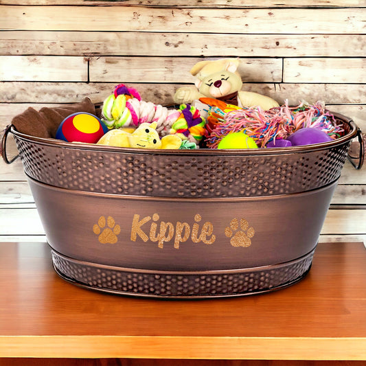 Medium dog toy bin with personalization.  Custom name bones or paws.  Indestructible dog toys storage for blankets, toys, leashes, balls.  Copper finish