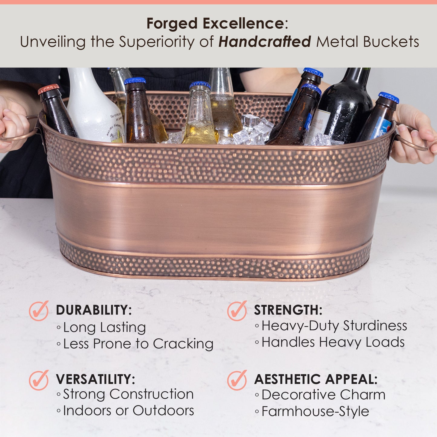 Oval copper drink tub that is handcrafted for heavy duty sturdiness to handle heavy loads indoors or outdoors.  Enjoy the long lasting strong construction with a decorative farmhouse-style charm.