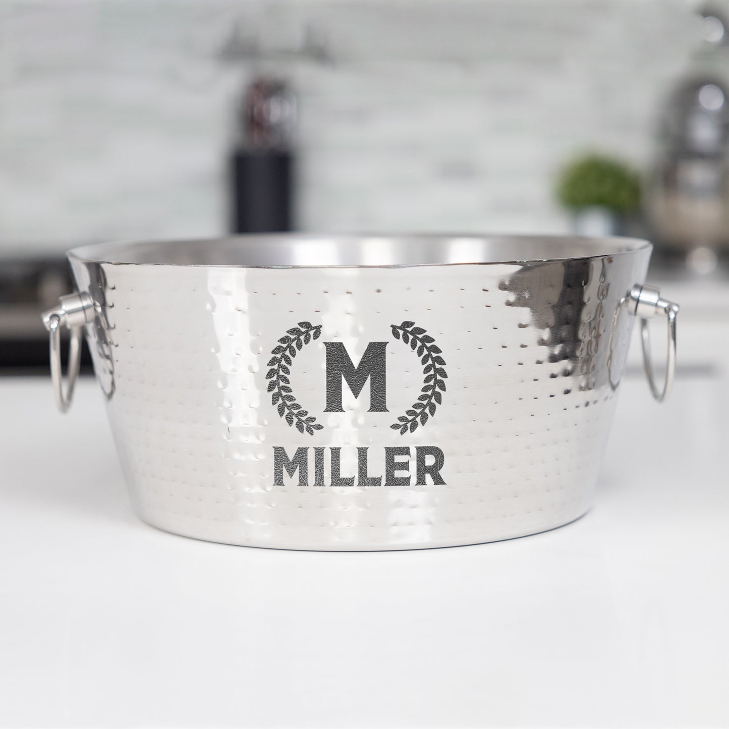 Personalized insulated party tub with double wall build made of stainless steel for kitchen parties and celebrating a wedding, anniversary, birthday, or holiday.  Add custom name, initial, monogram, or personalization.