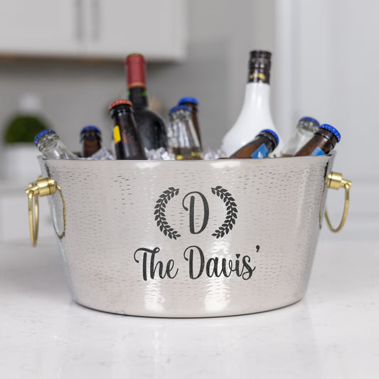 Personalized silver and gold wine bucket with custom name or monogram.  Great gift for a wedding, anniversary, or engagement.  Round 3 gallon size with double wall insulated construction guaranteeing 100% no leaking.