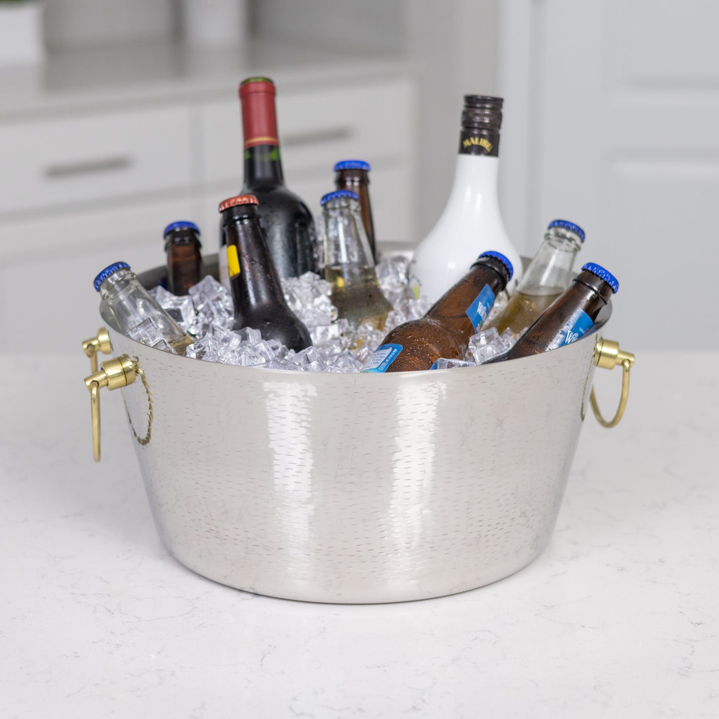 Round insulated party bucket with custom name or monogram.  Includes elegant gold handles making for a perfect wedding, anniversary, or engagement gift.