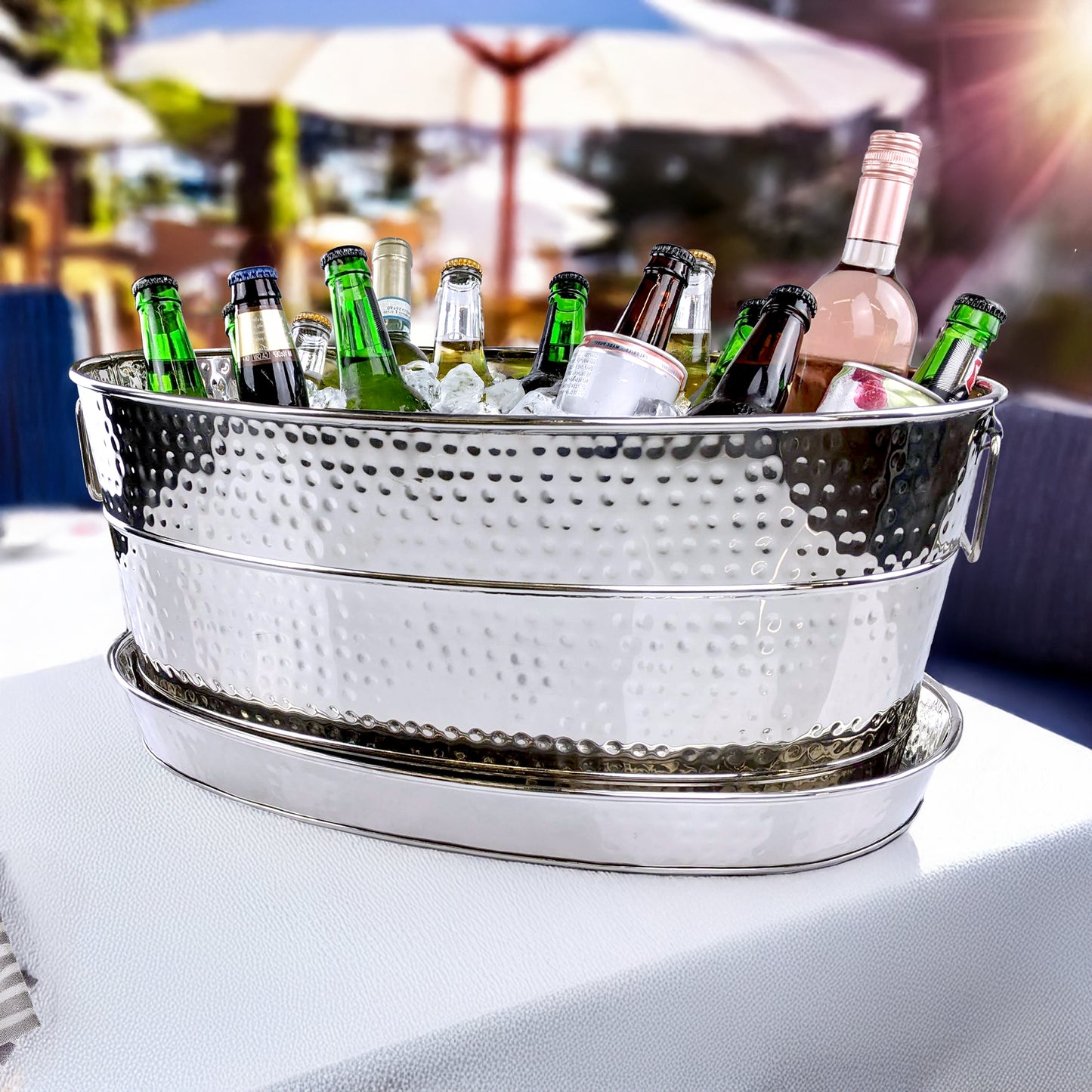 Personalized Large Hammered Stainless Steel Beverage Tub with Tray - Aspen + Kingston