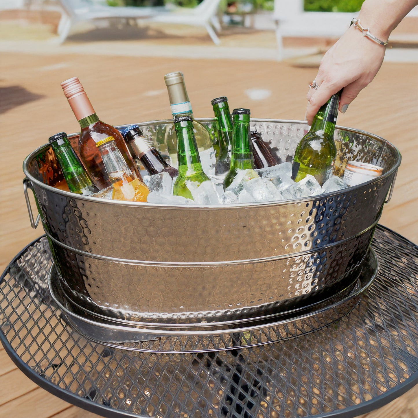 Personalized Large Hammered Stainless Steel Beverage Tub with Tray - Aspen + Kingston