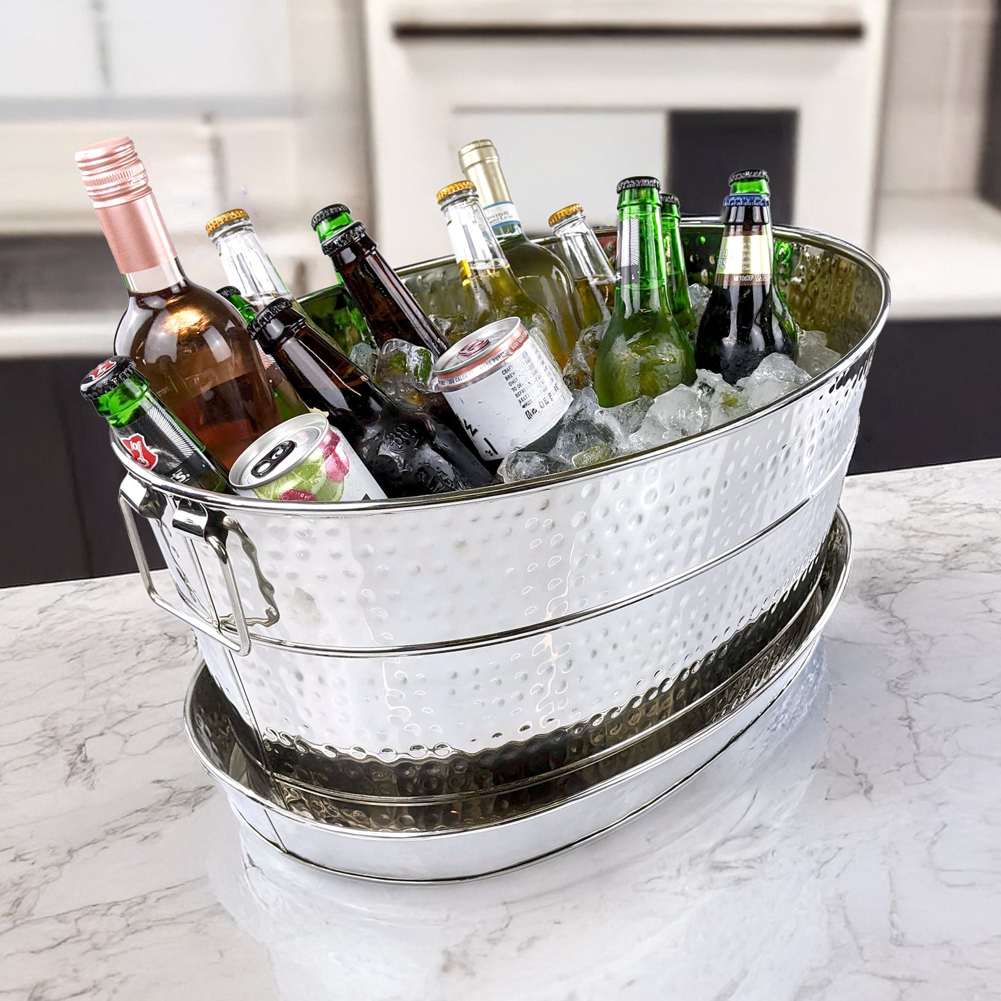 Personalized Large Hammered Stainless Steel Beverage Tub with Tray - Aspen + Kingston