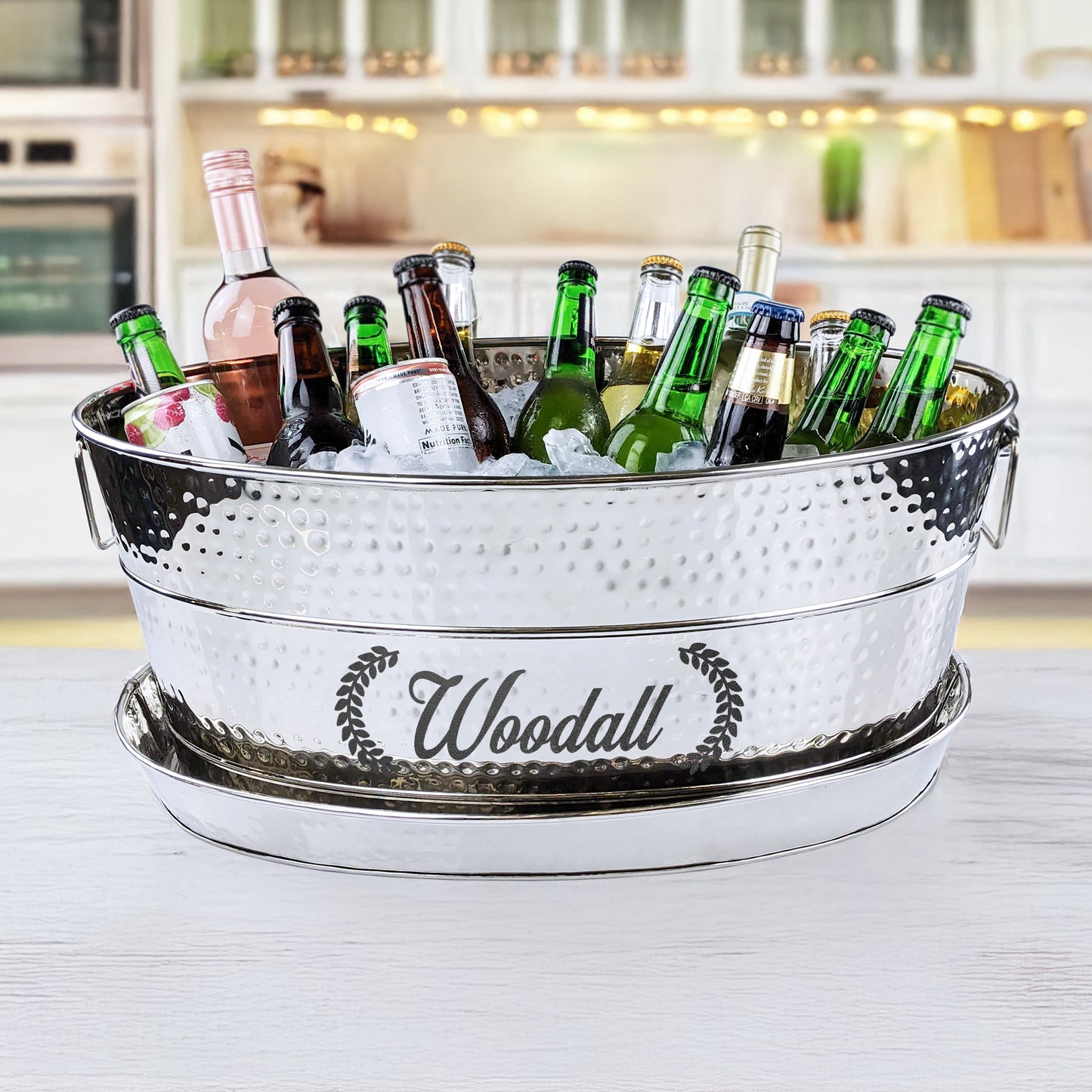 Personalized Large Hammered Stainless Steel Beverage Tub with Tray - Aspen + Kingston