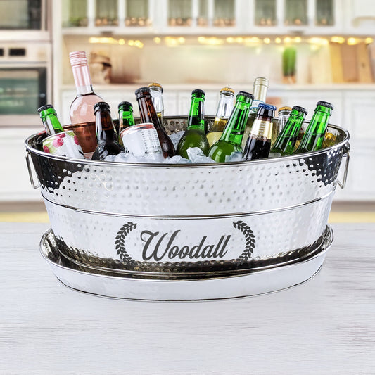 Personalized Large Hammered Stainless Steel Beverage Tub with Tray - Aspen + Kingston