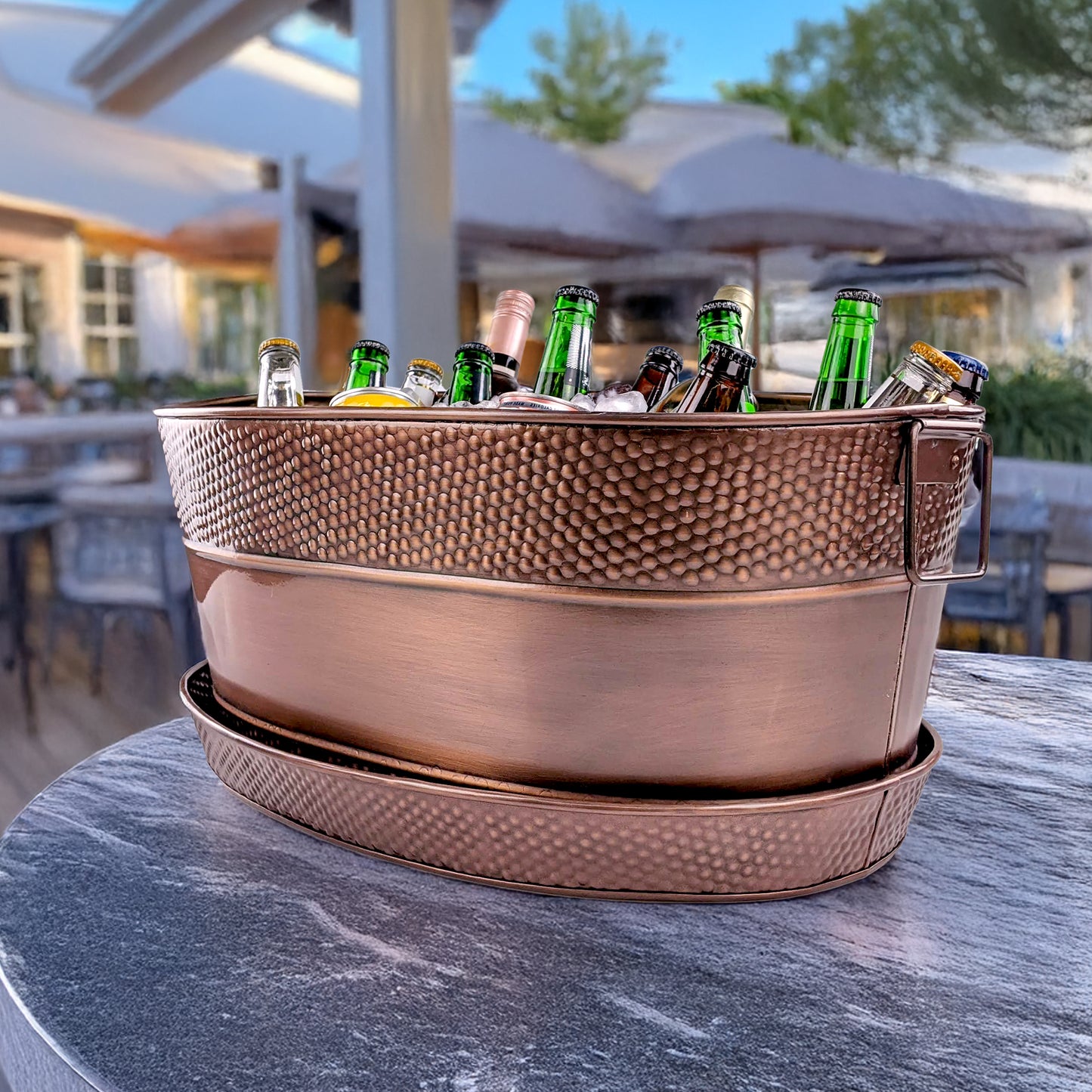 Personalized Beverage Tub with Tray Large Hammered  - Aspen Copper Finish with Kingston Tray