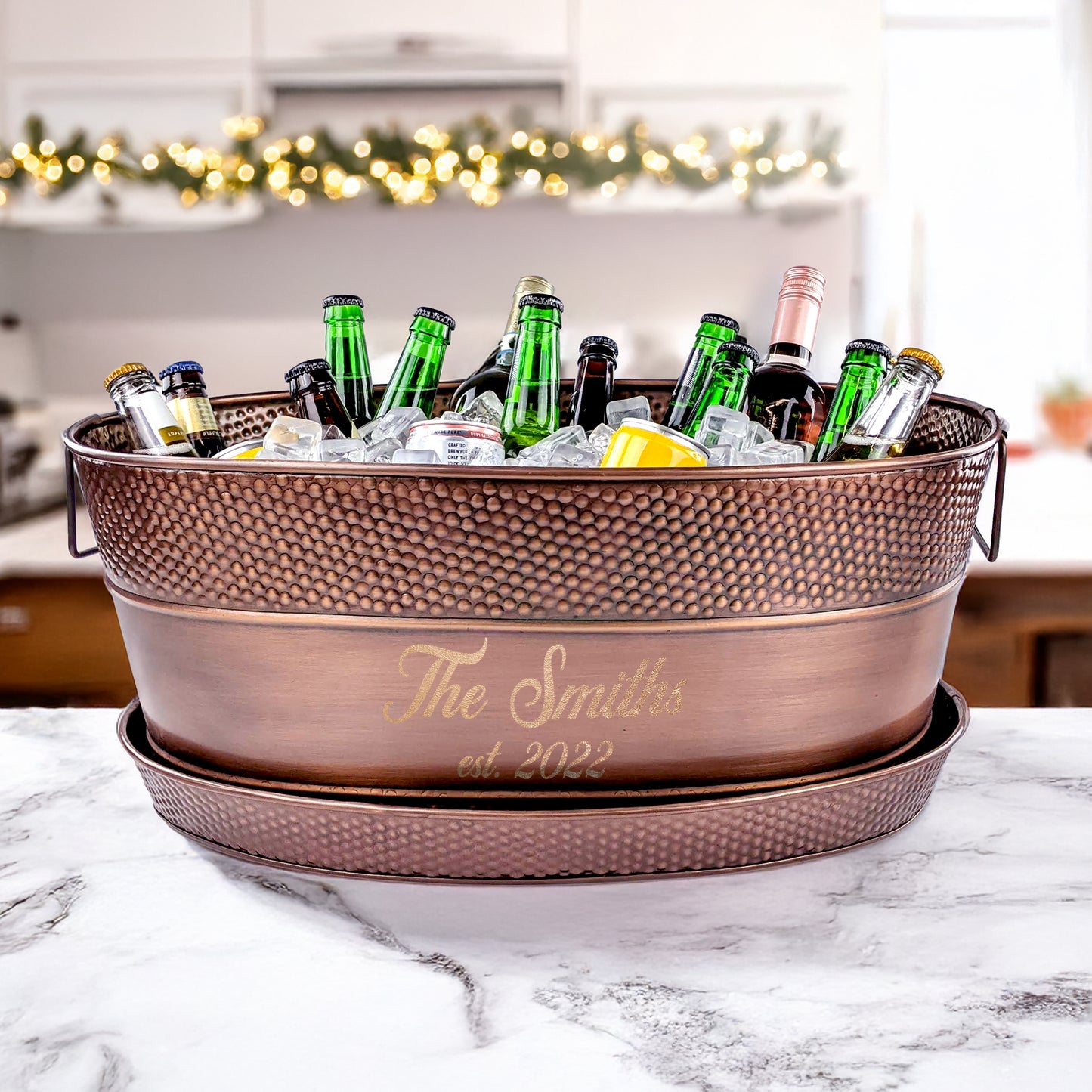 Personalized Beverage Tub with Tray Large Hammered  - Aspen Copper Finish with Kingston Tray