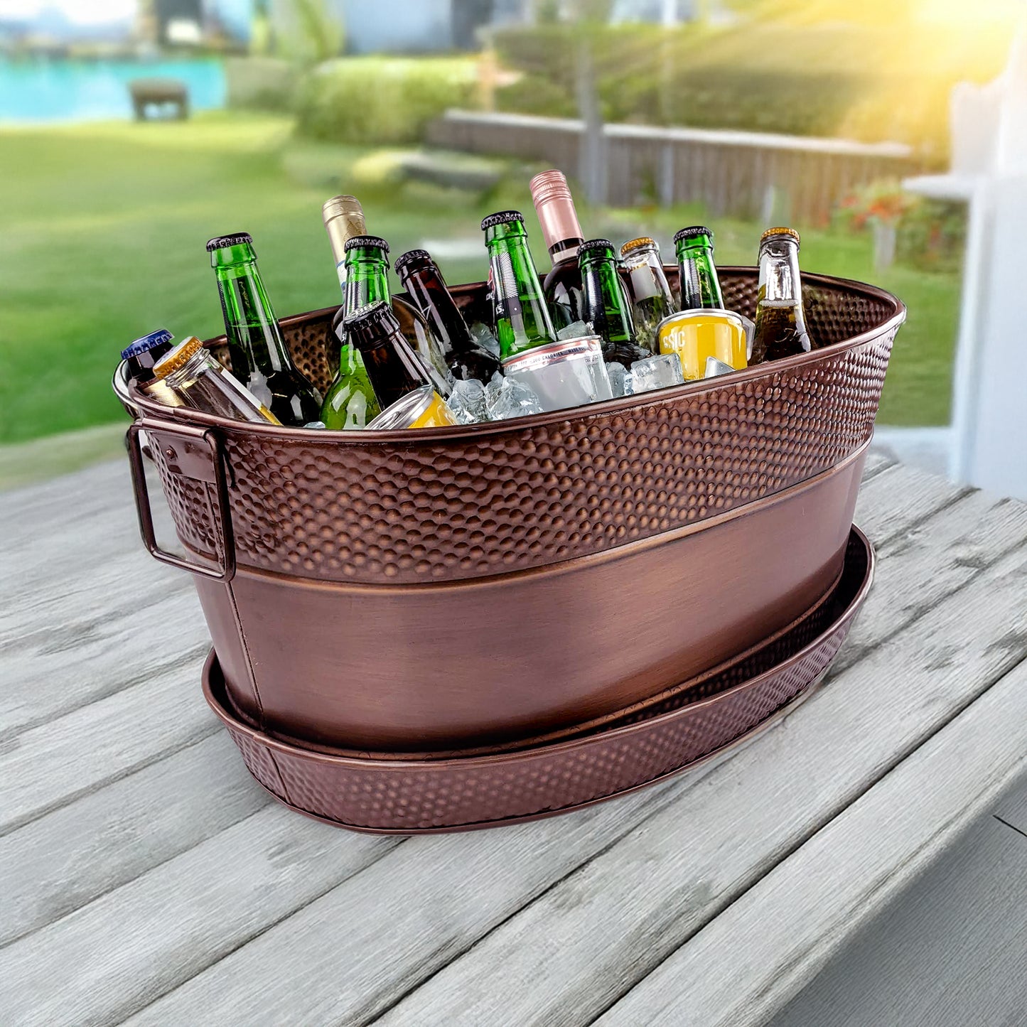 Personalized Beverage Tub with Tray Large Hammered  - Aspen Copper Finish with Kingston Tray