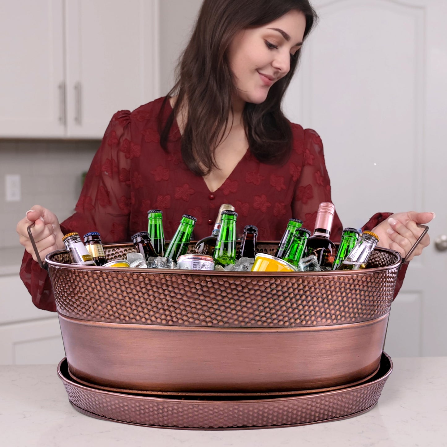 Personalized Beverage Tub with Tray Large Hammered  - Aspen Copper Finish with Kingston Tray