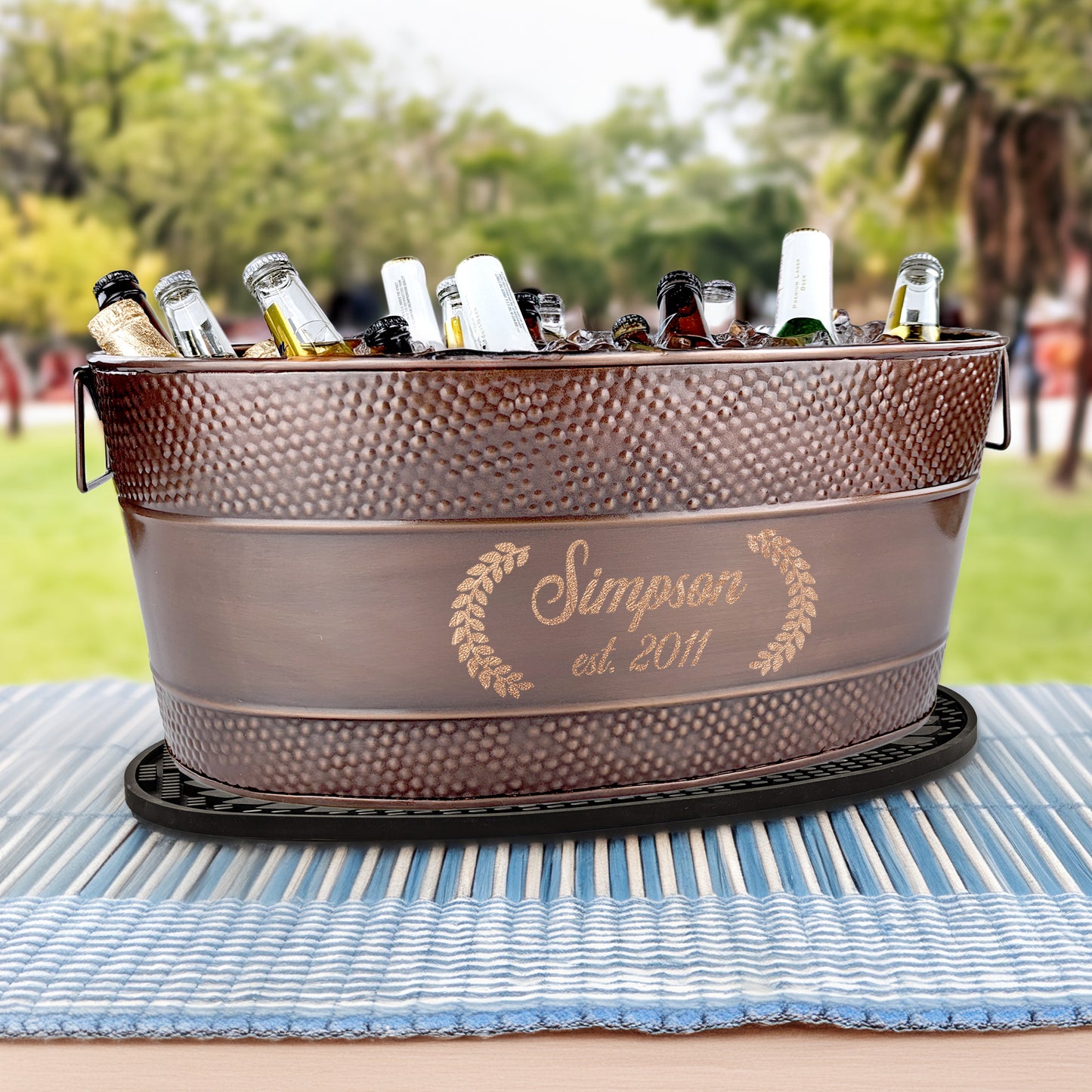 Personalized Beverage Tub with PVC Party Mat - Aspen Copper Finish