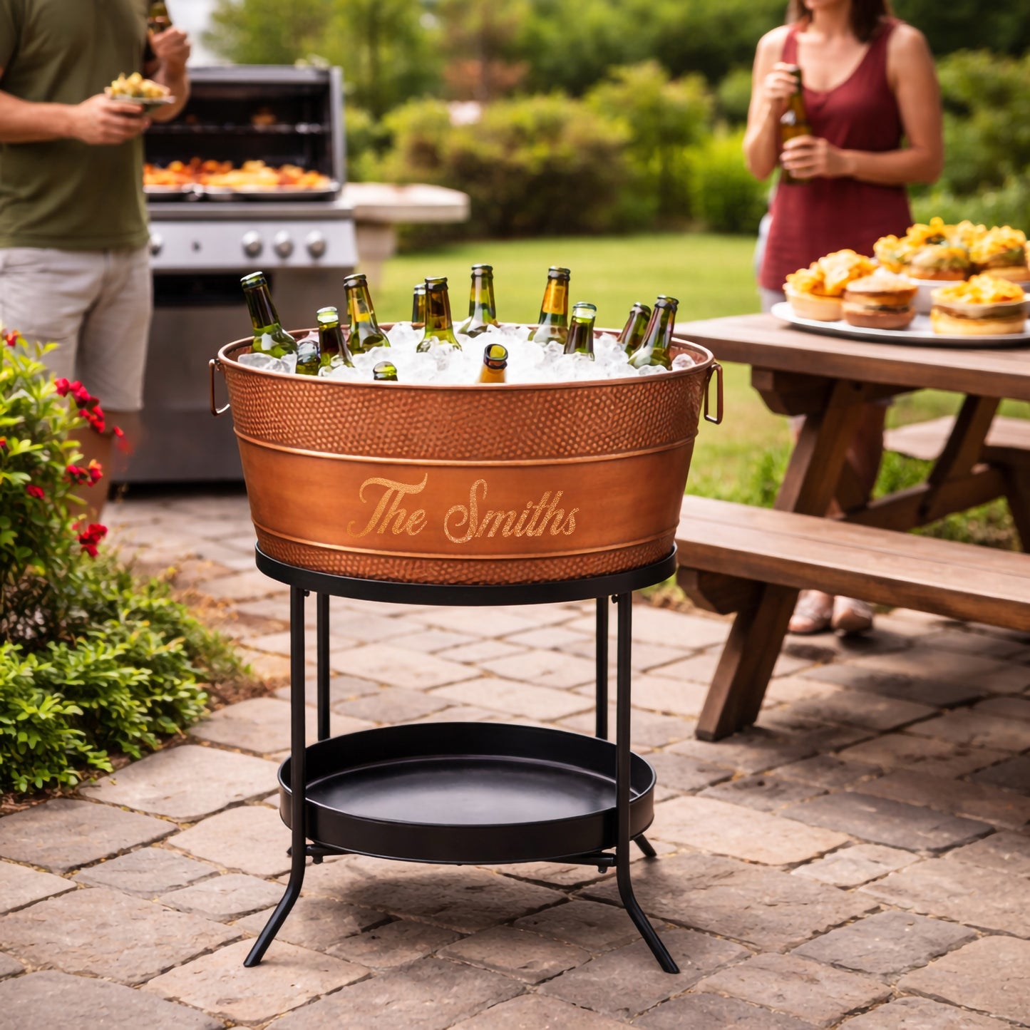 Personalized Beverage Tub Large Hammered with Floor Stand - Aspen Copper Finish
