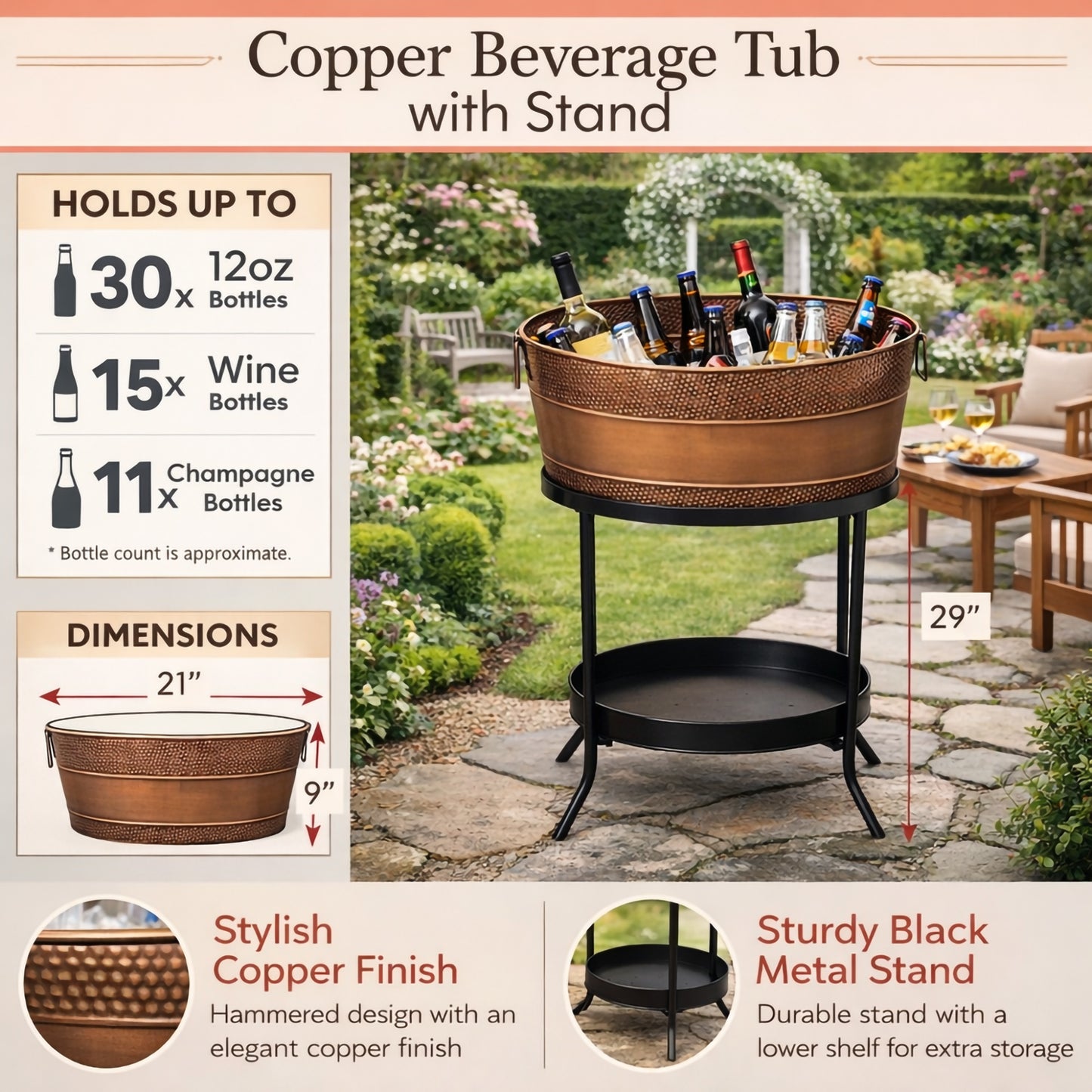 Personalized Beverage Tub Large Hammered with Floor Stand - Aspen Copper Finish