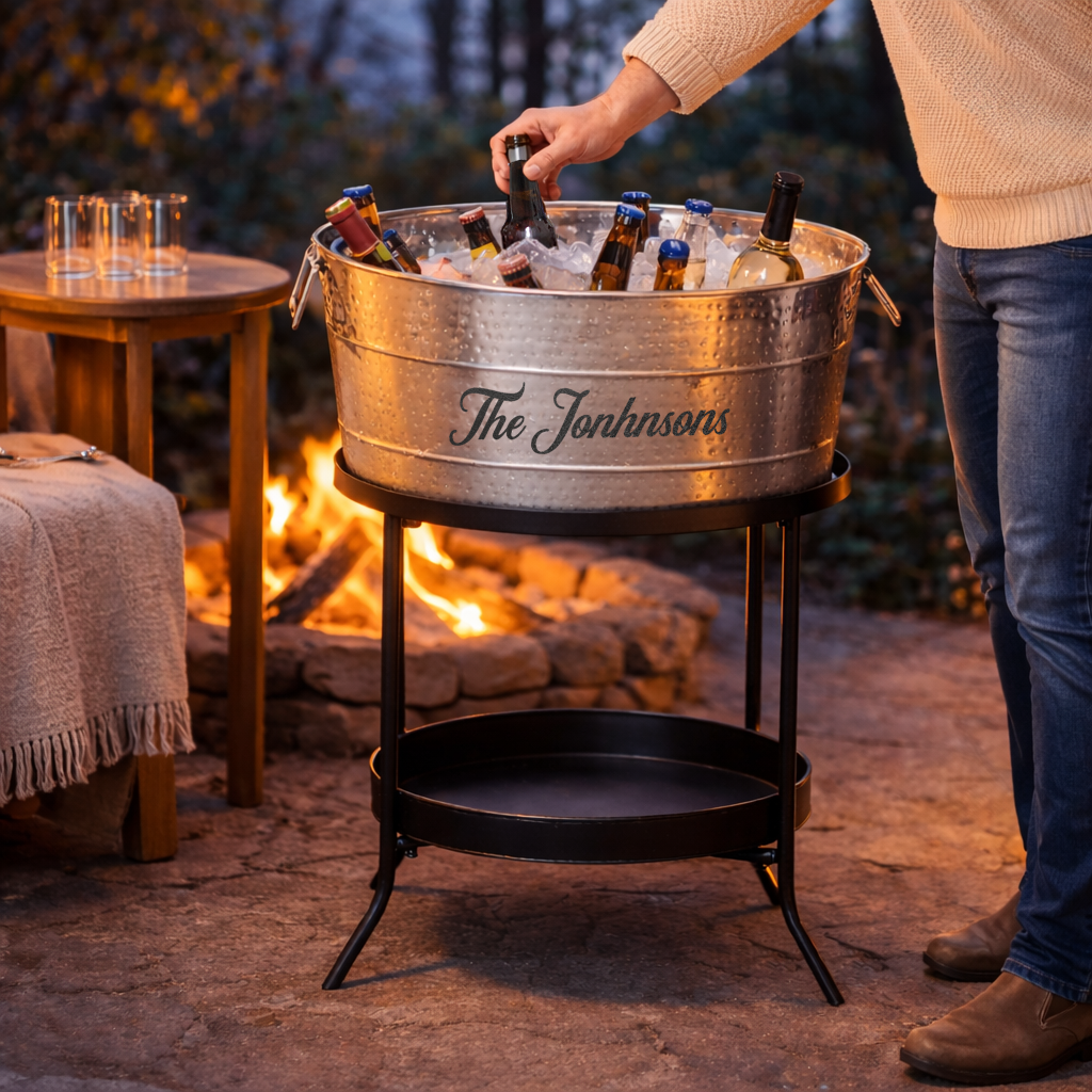 Personalized Beverage Tub Large Hammered with Floor Stand - Aspen Stainless Steel Finish