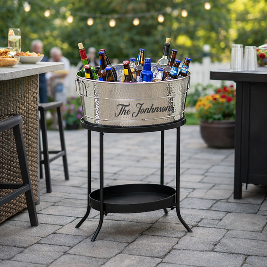 Personalized Beverage Tub Large Hammered with Floor Stand - Aspen Stainless Steel Finish