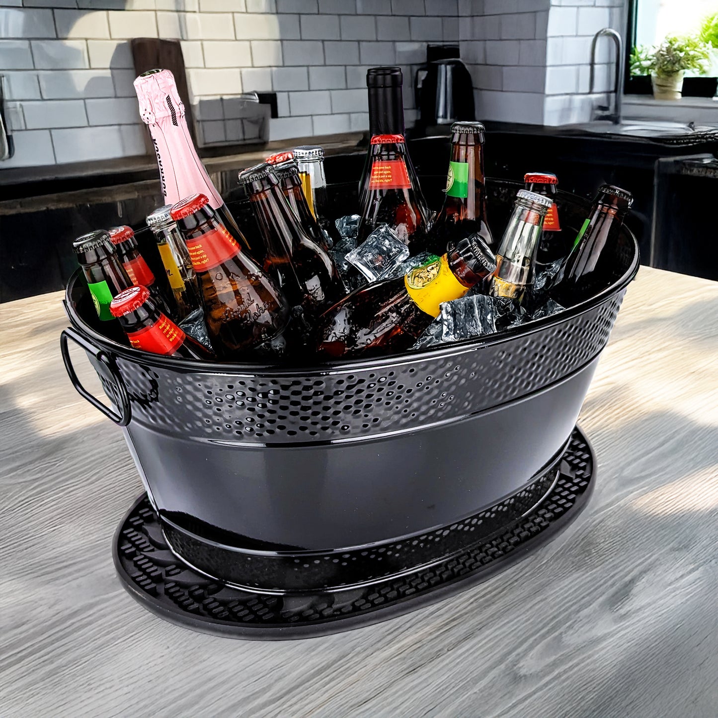 Personalized Drink Bucket Hammered Galvanized Steel with Party Mat - Colt in Black