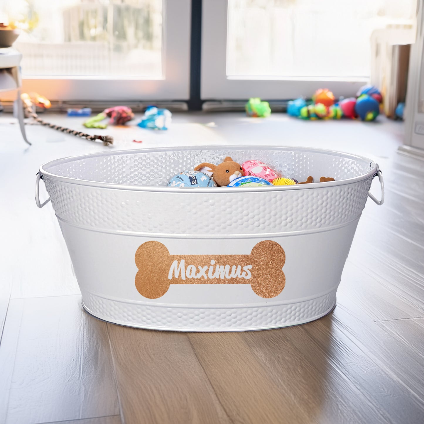 Personalized Metal Dog Toy Bin - Medium 15qt in White