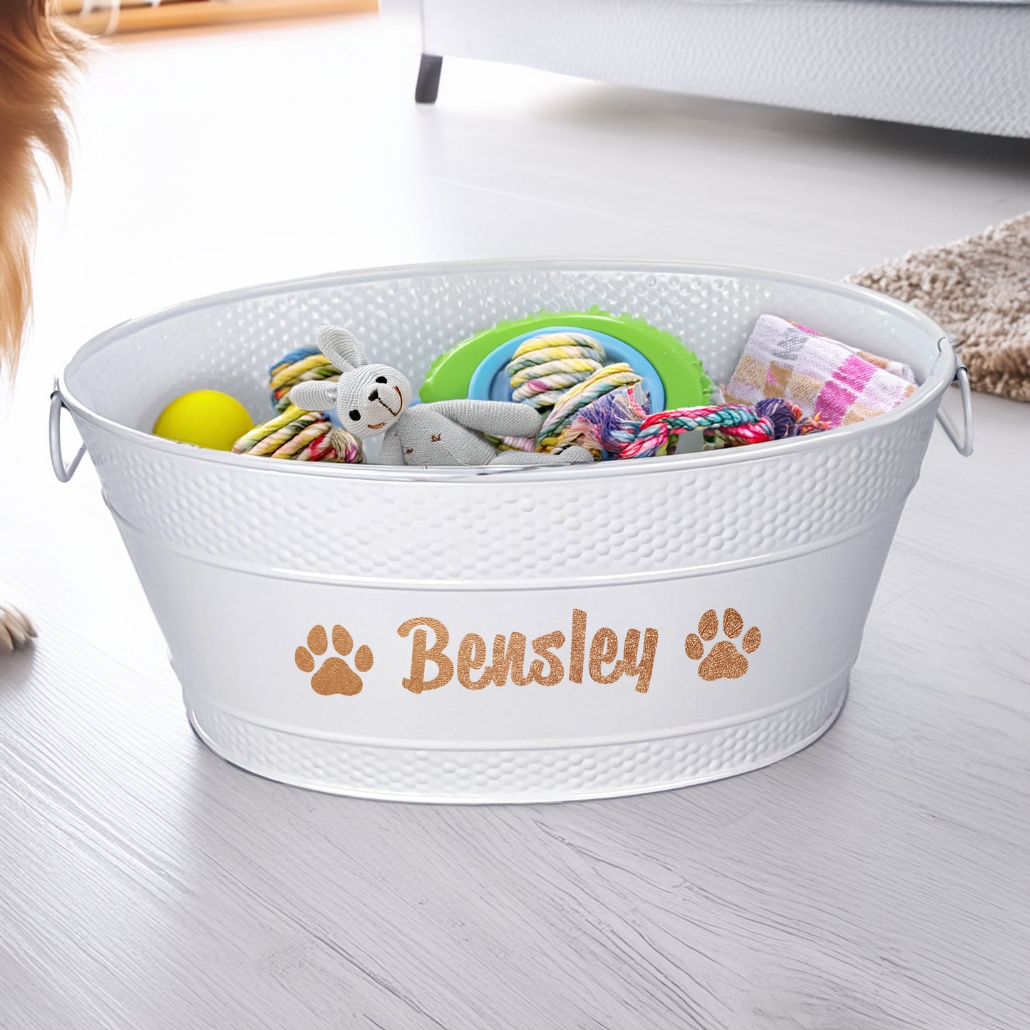 Personalized Metal Dog Toy Bin - Medium 15qt in White