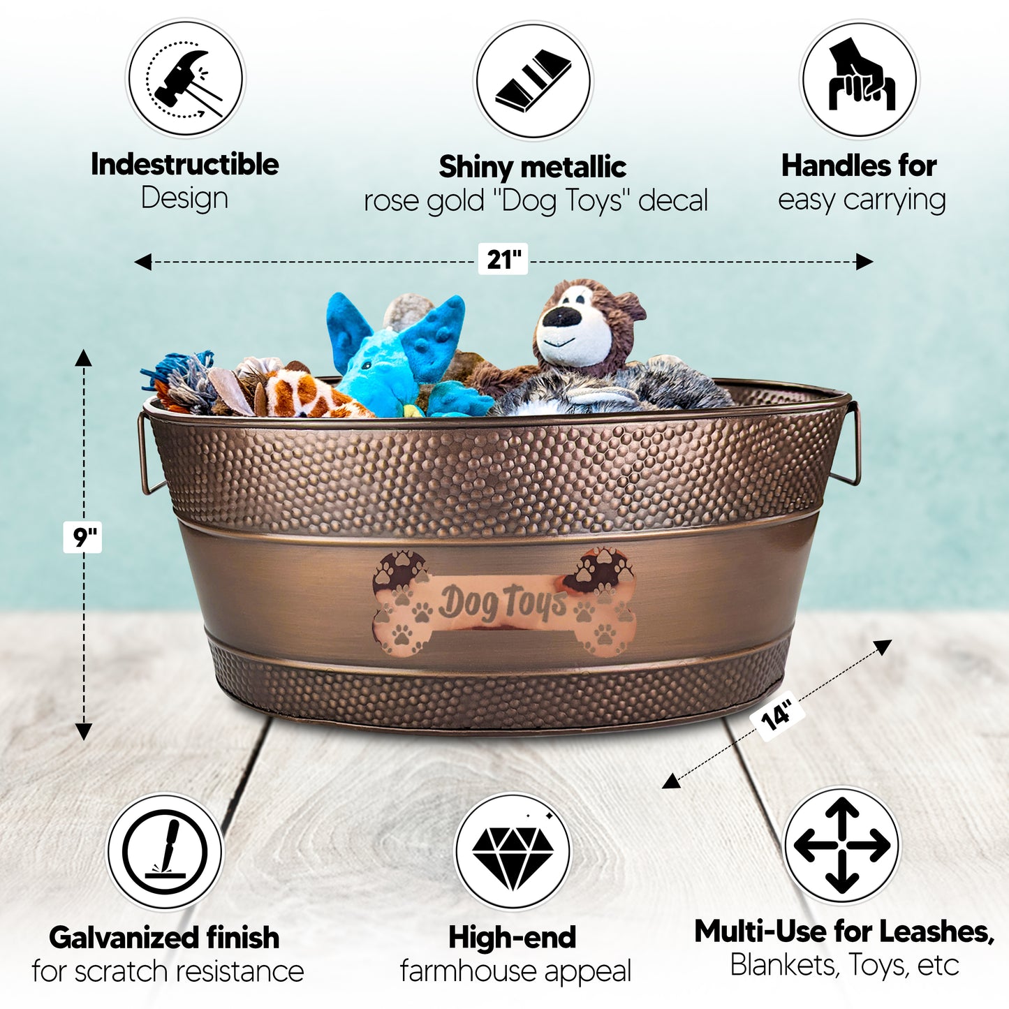 personalized dog bin.  indestructible with handles for easy carrying.  galvanized finish. scratch resistant for leashes, blankets and toys storage.