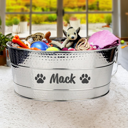 Large dog toy bin with personalization.  Custom name bones or paws.  Indestructible dog toys storage for blankets, toys, leashes, balls.  Stainless steel