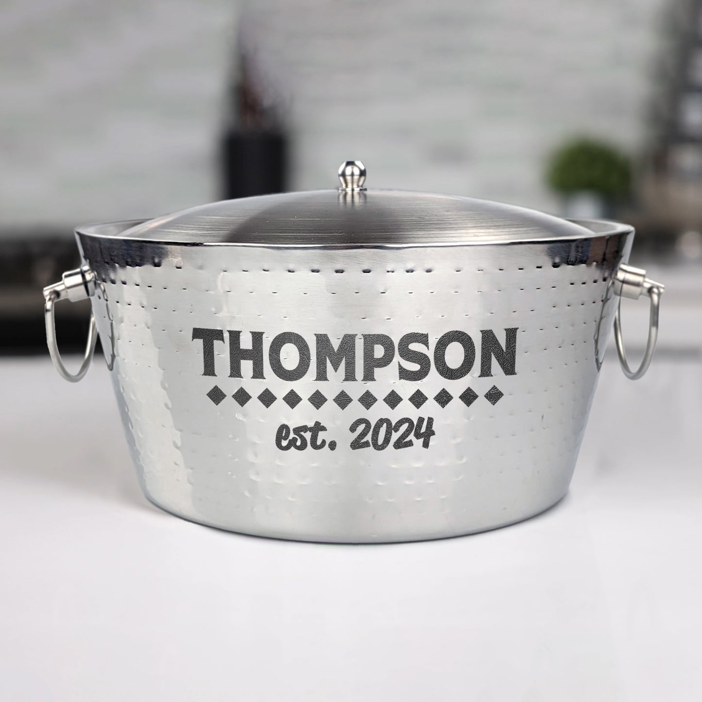 Personalized Ice Bucket with Lid Insulated Stainless Steel Hammered - Anchored