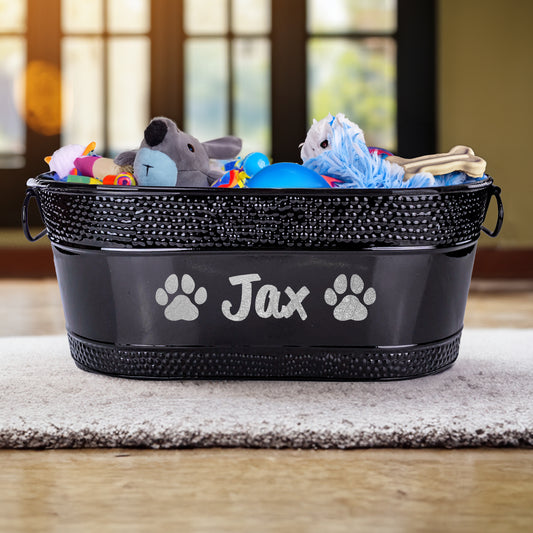 Medium dog toy bin with personalization.  Custom name bones or paws.  Indestructible dog toys storage for blankets, toys, leashes, balls.  