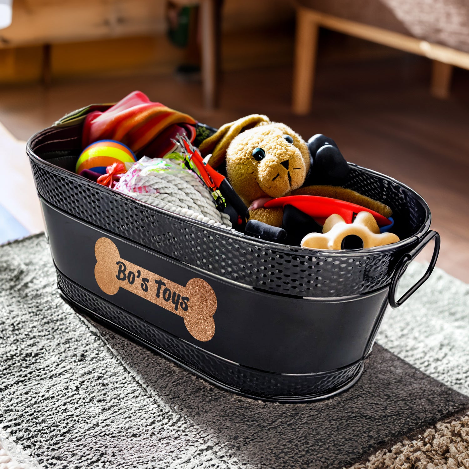 Metal large dog toy box with personalization.  Use in home, office or bedroom.
