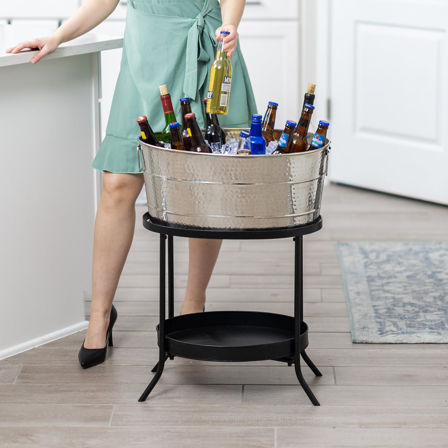 Personalized Beverage Tub Large Hammered with Floor Stand - Aspen Stainless Steel Finish