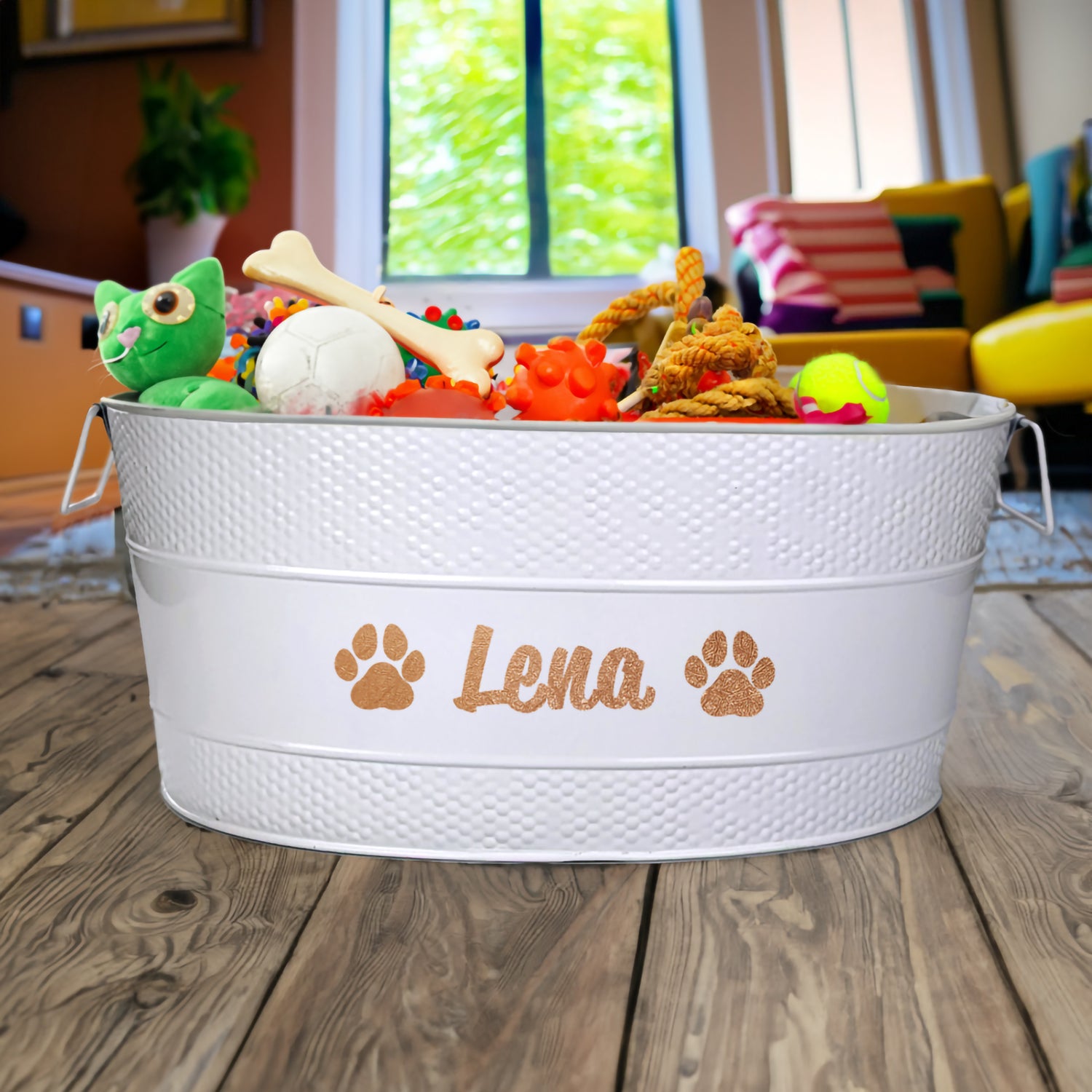 Large dog toy bin with personalization.  Custom name bones or paws.  Indestructible dog toys storage for blankets, toys, leashes, balls.  White
