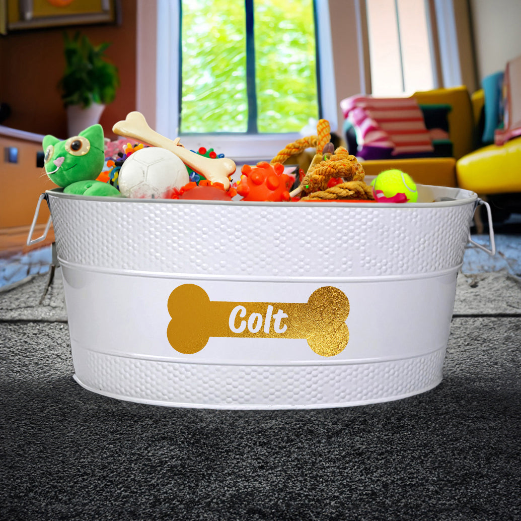 Personalized Metal Dog Toy Bin - Large 25qt in White