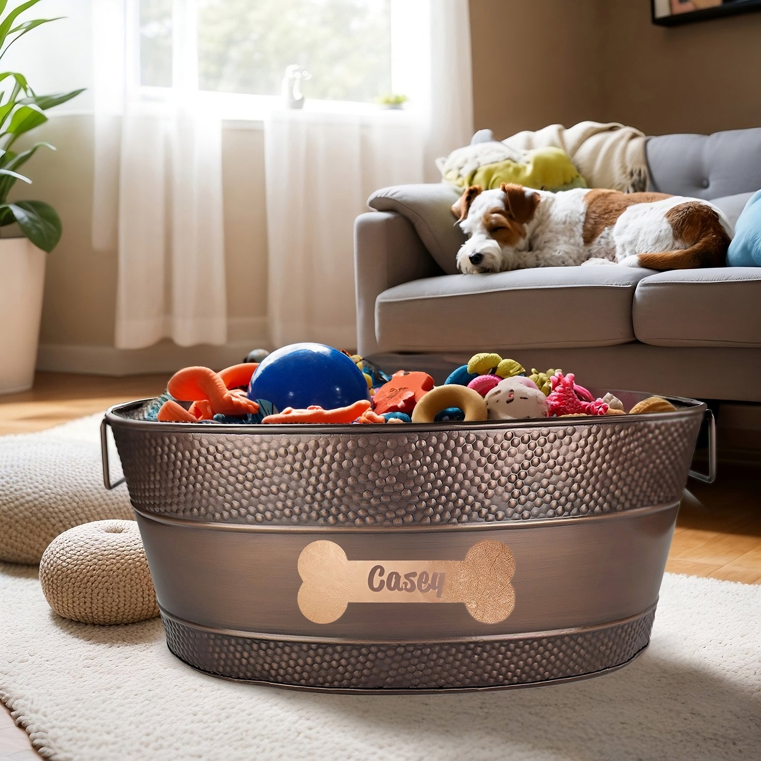 Large dog toy box holds many chew toys, ropes, or balls.  Long lasting galvanized metal.  Copper finish