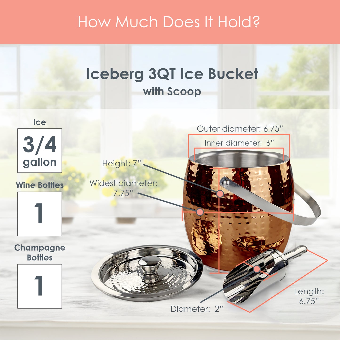 Rose Copper Iceberg Ice Bucket with Lid & Scoop Insulated Stainless Steel by BREKX