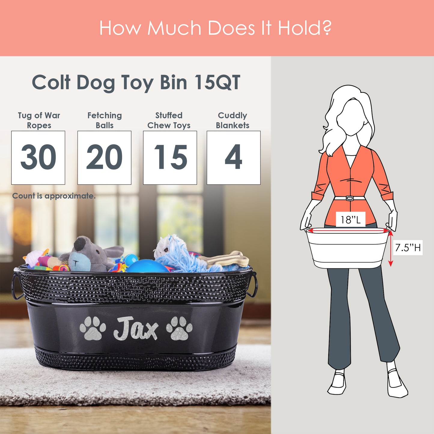 Medium dog toy box holds many chew toys, ropes, or balls.  Long lasting galvanized metal.  