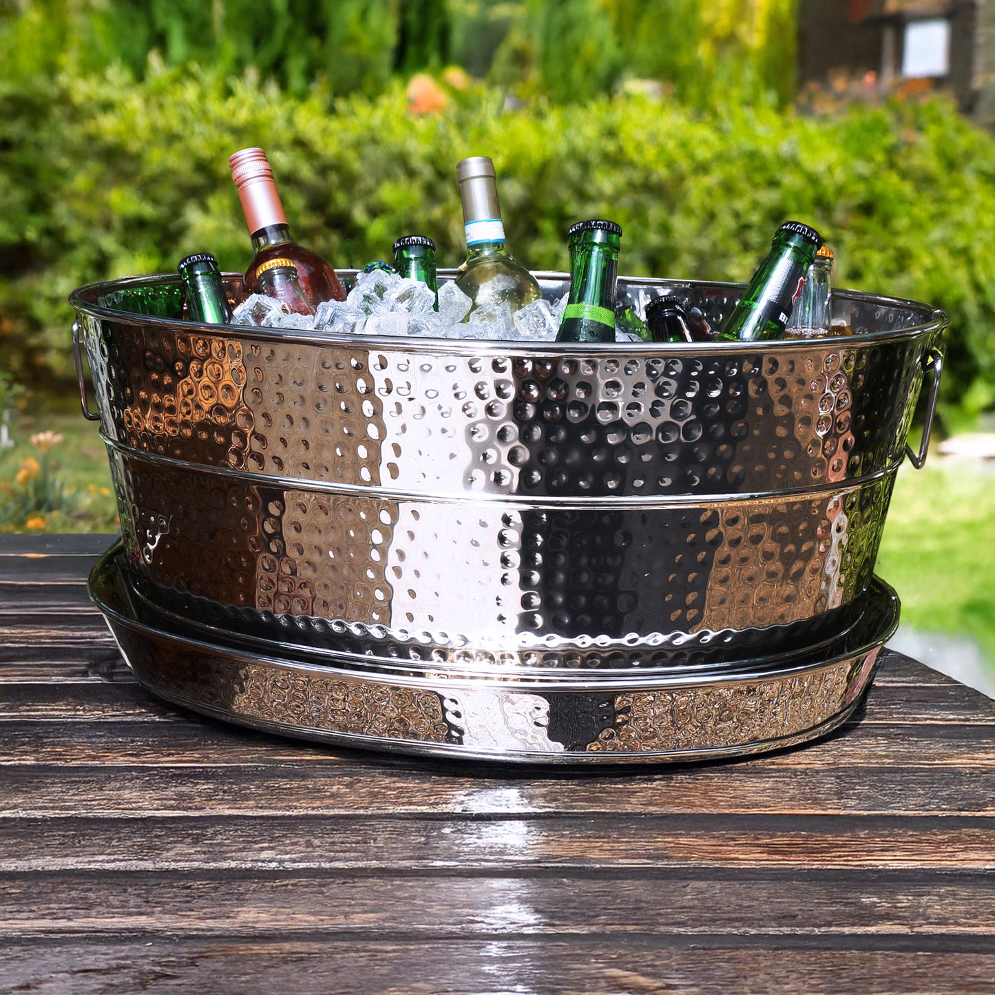 Personalized Large Hammered Stainless Steel Beverage Tub with Tray - Aspen + Kingston