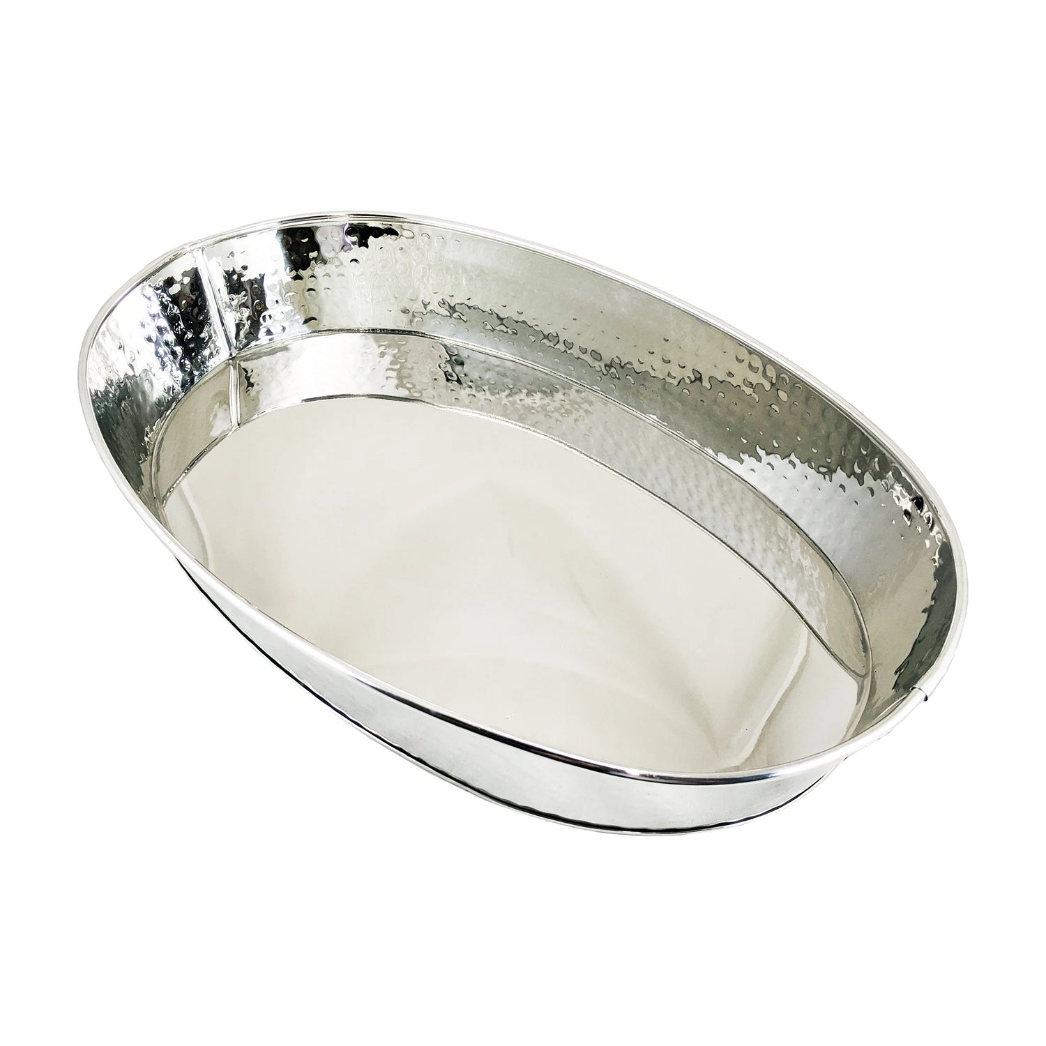 Metal tray with hammering on the sides. Use by itself for barware, drinks, food, or storage. Or use with our Aspen or Colt lines to keep drips and rings from forming on your table