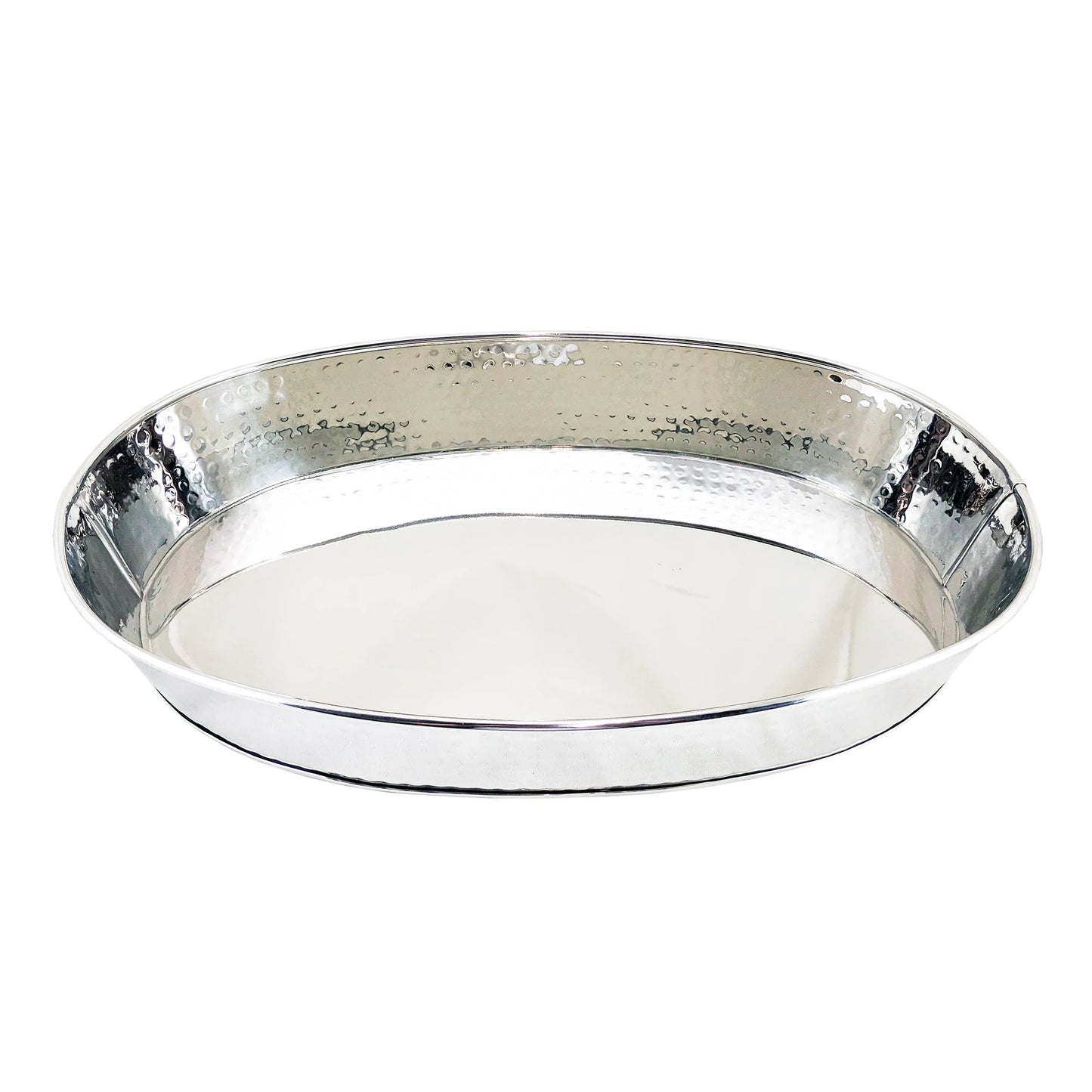 Serving tray for parties made of stainless steel with extra durable hammered exterior.  Use to serve food, snacks, and drinks at a wedding, anniversary, or birthday party.