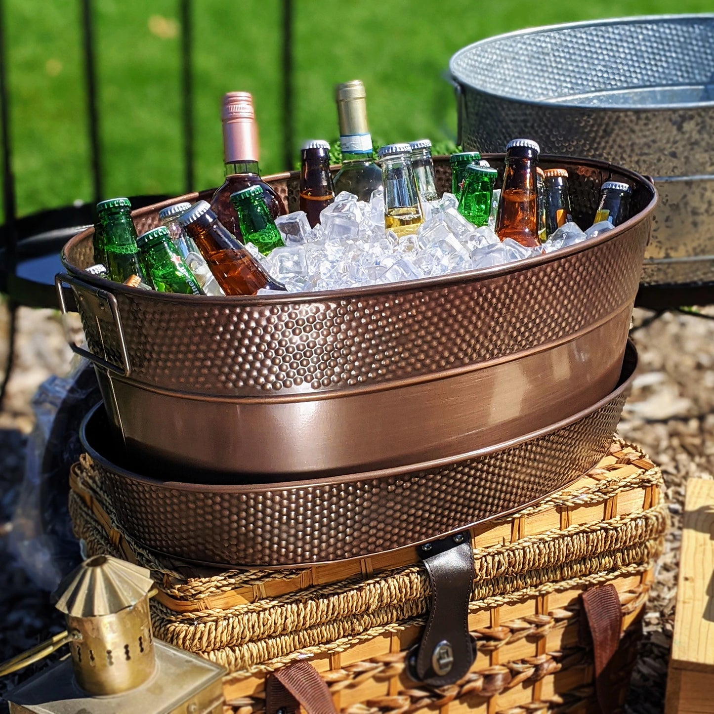 Metal tray for large party tub to catch spills and splashes and party tub condensation.
