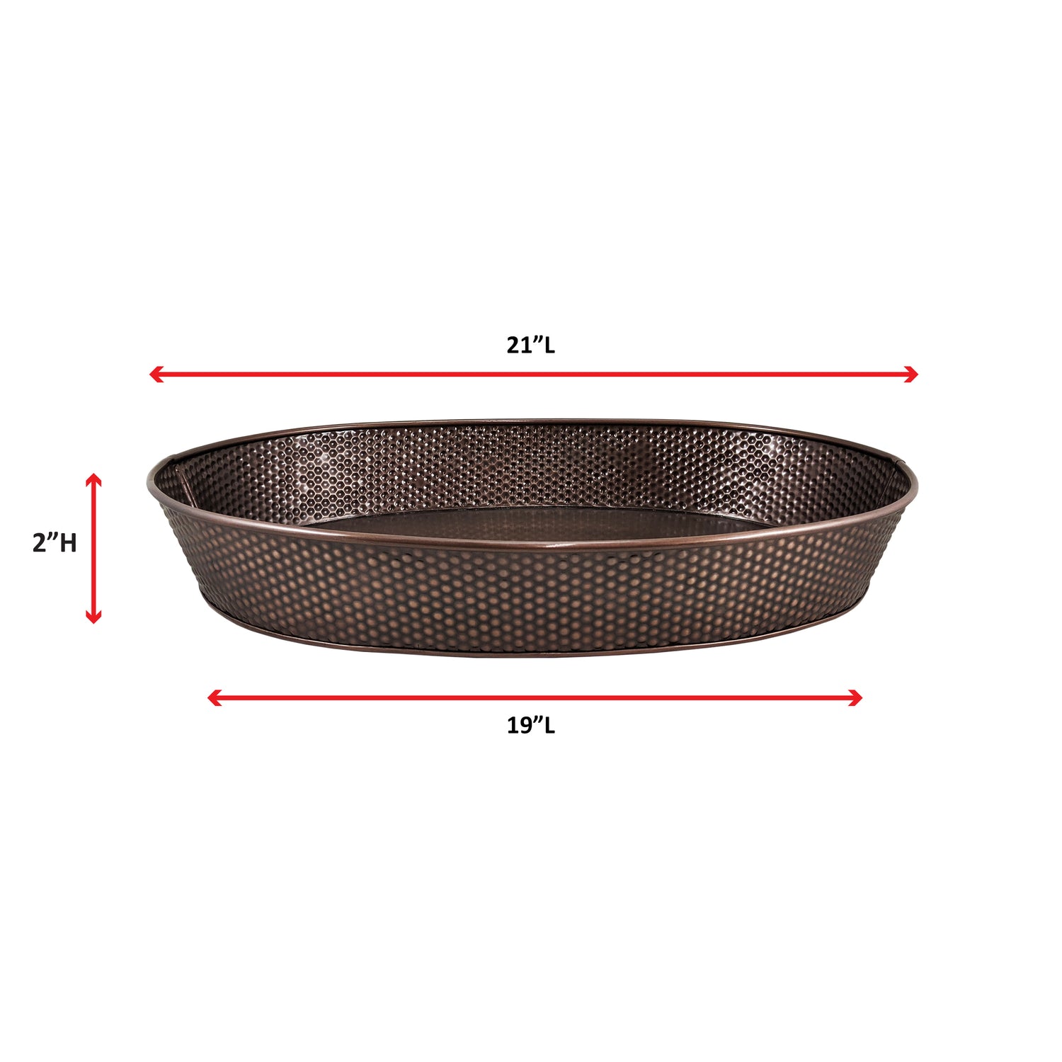 Metal serving tray to serve drinks and snacks at a party with oval shape, copper color, and easy to clean high glossy finish.