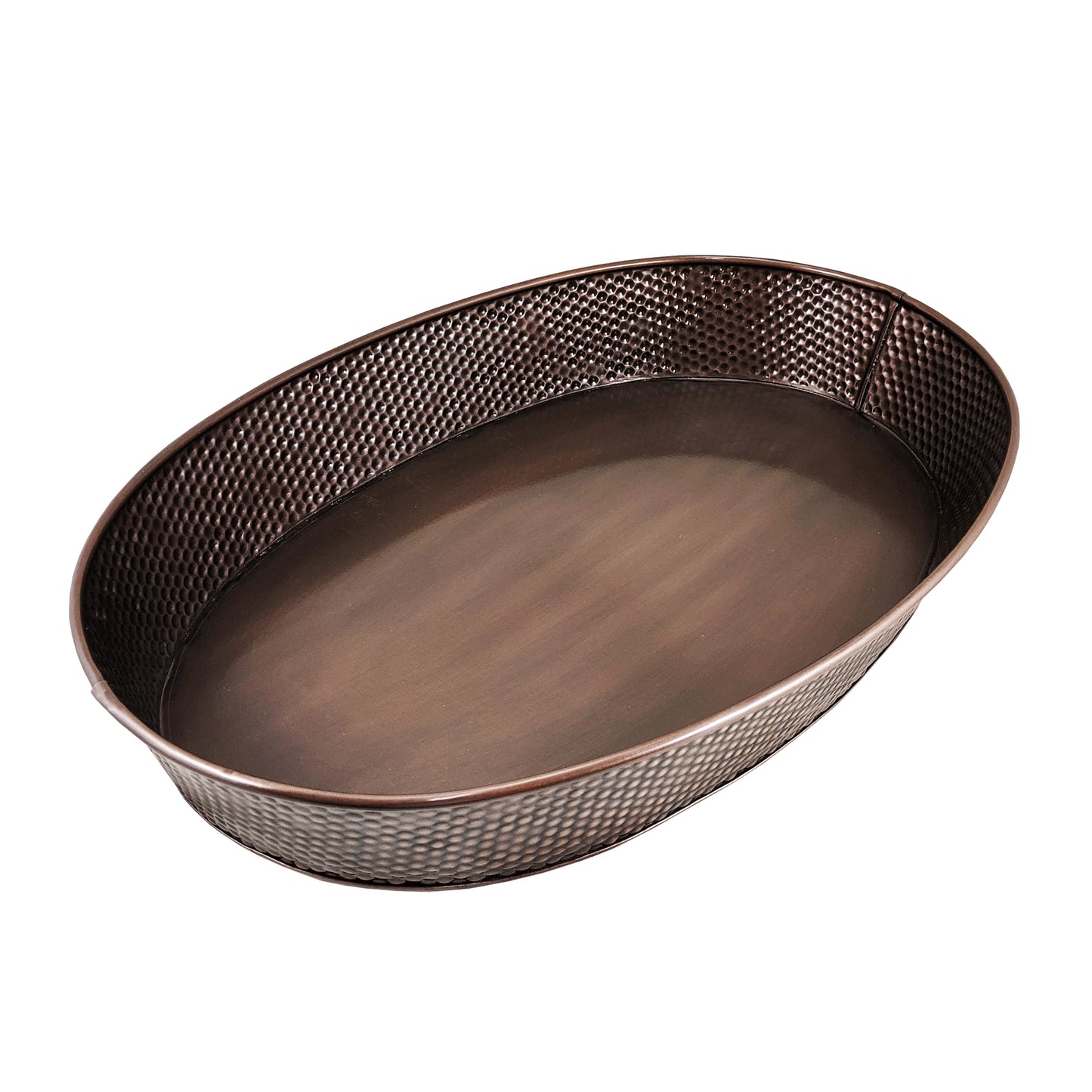 Oval party tray for serving food and drinks at a party in the home or in the restaurant.  Copper with hammered exterior for durability.